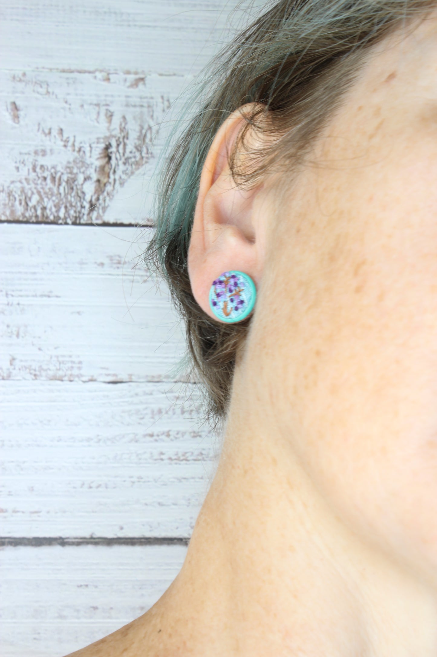 Embroidery Purple Flower Blue Studs