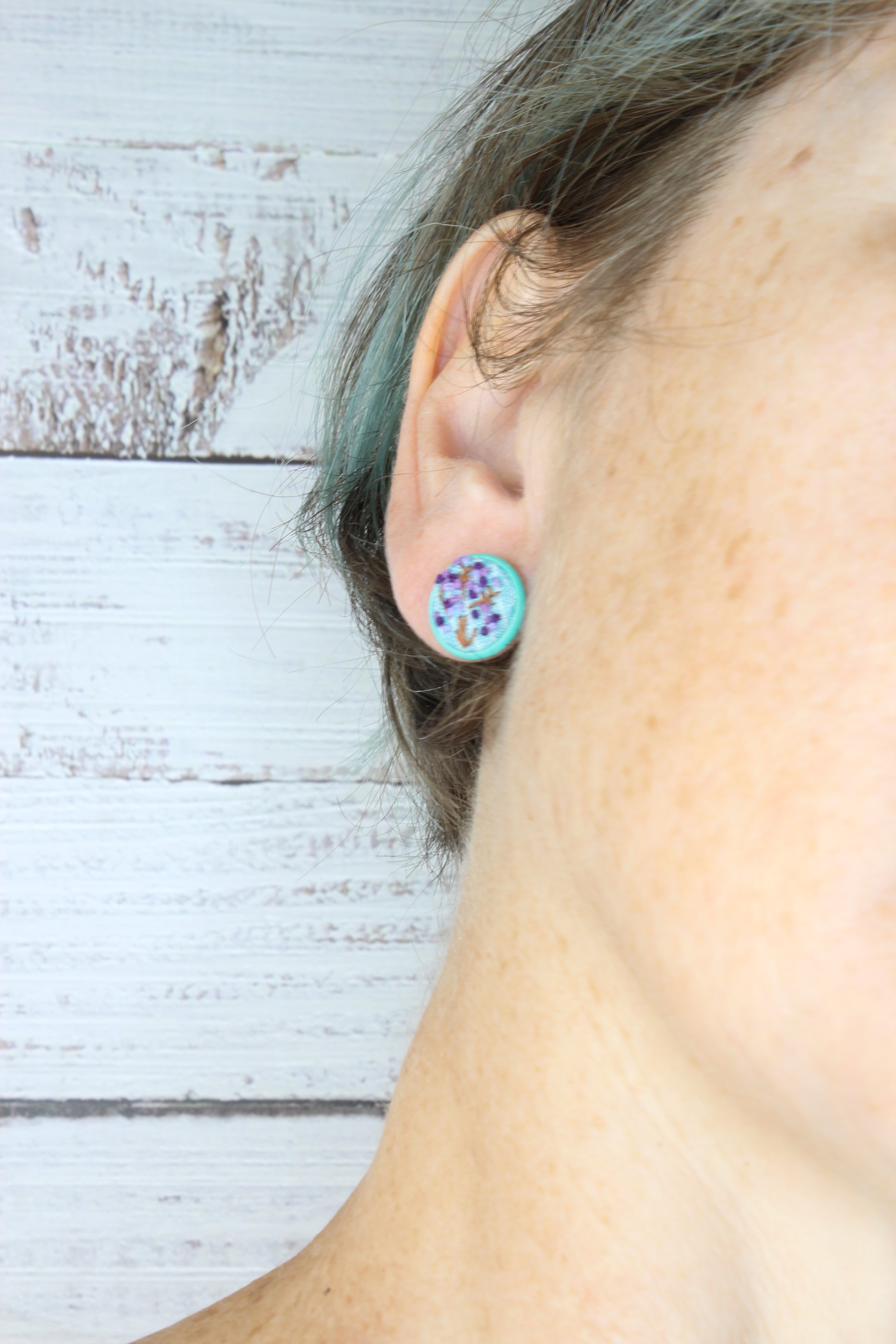 Embroidery Purple Flower Blue Studs