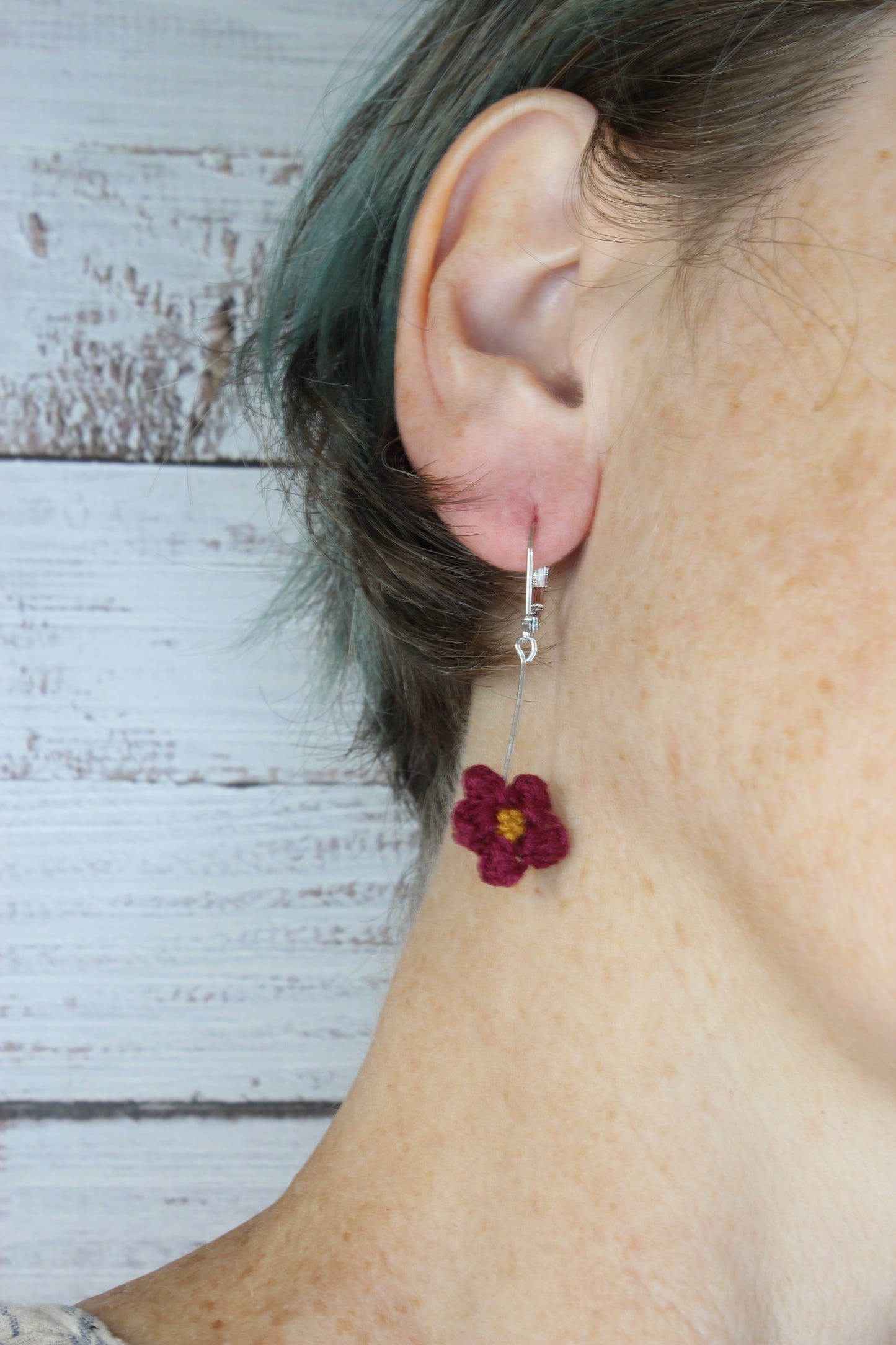 Crochet Burgundy Daisy Dangling Wire Earrings