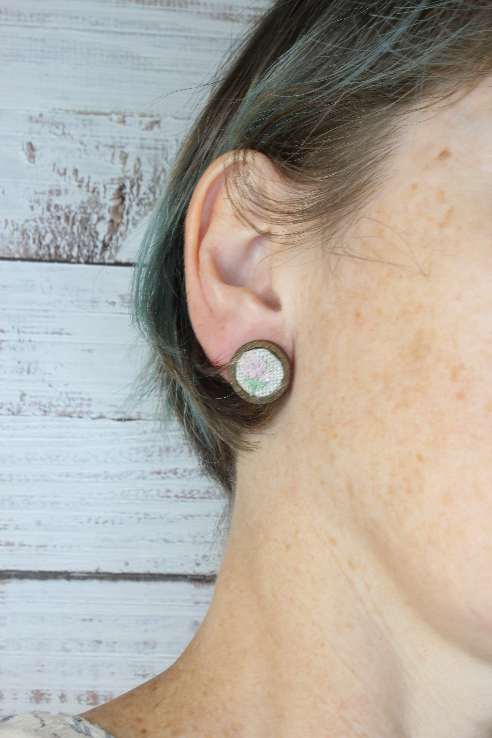 Embroidery Flower Wood Studs Earrings