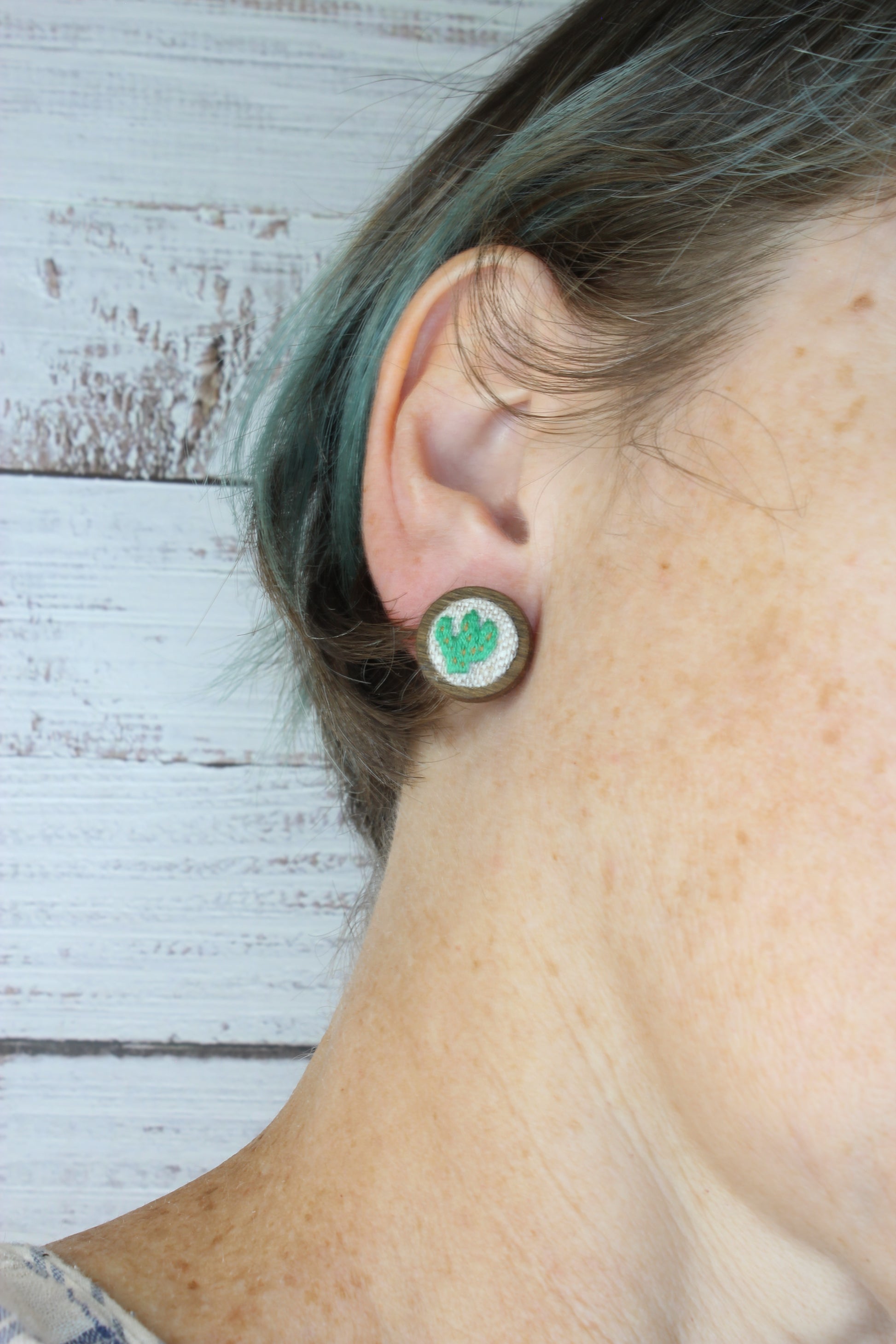 Embroidery Cactus Wood Studs Earrings
