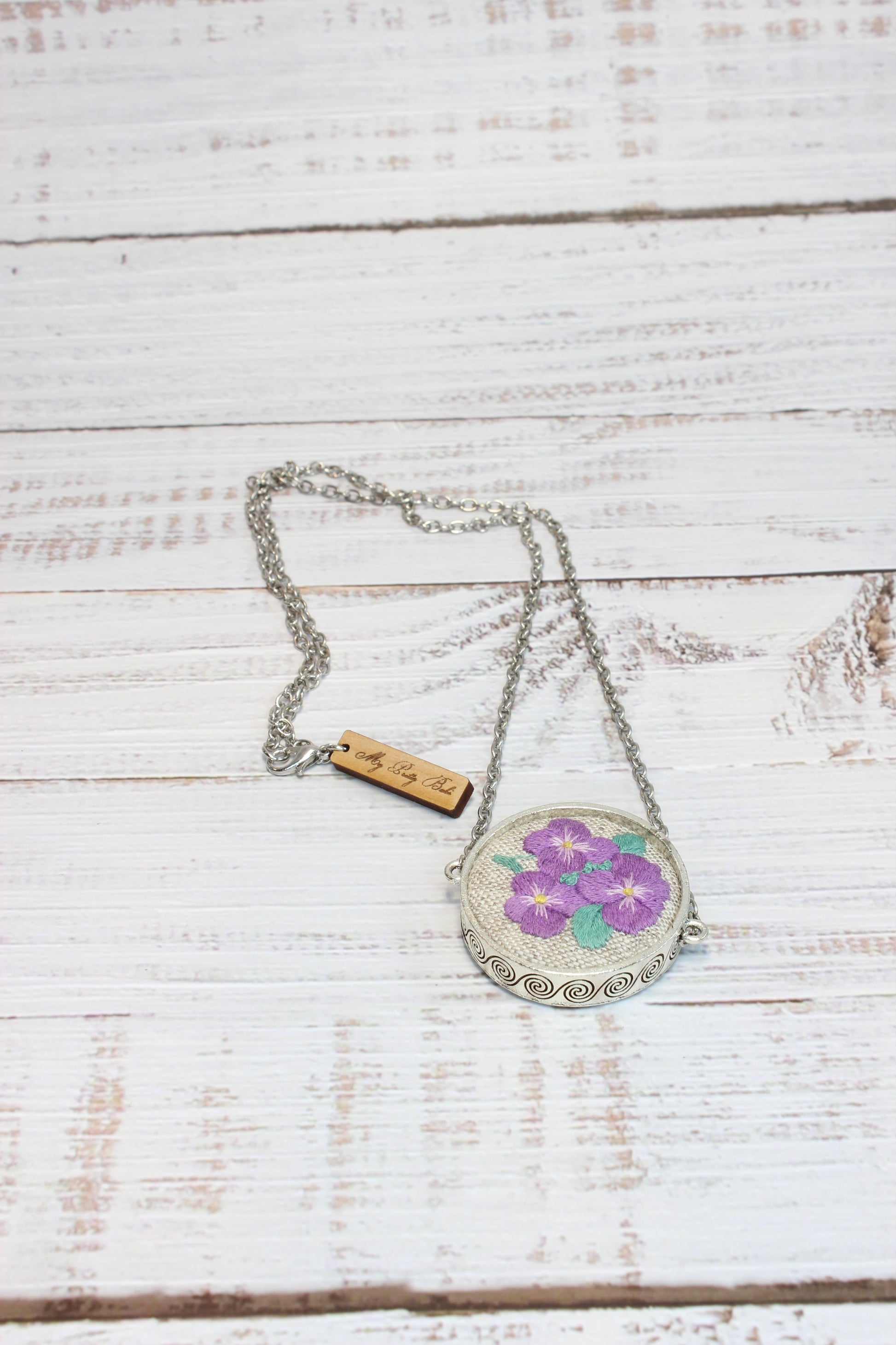 Embroidery Purple Pansies Necklace