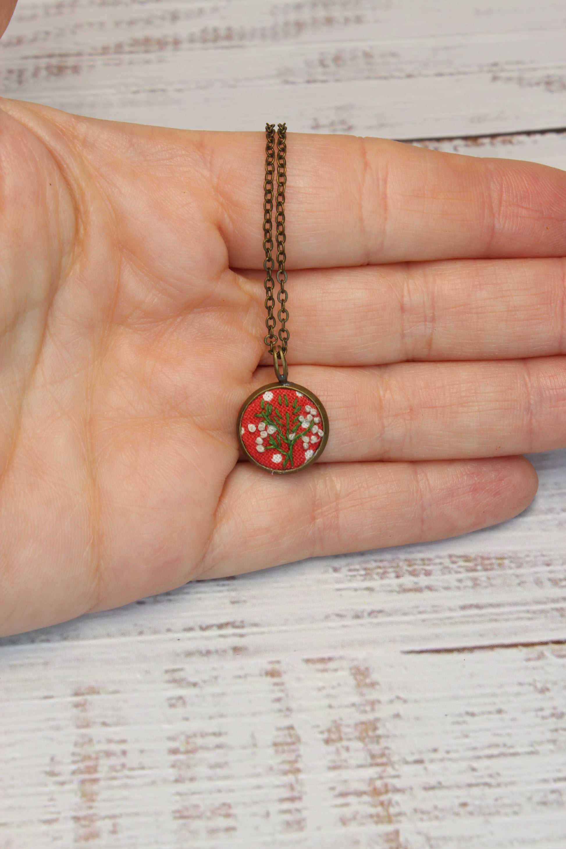 Embroidery White Flower with green branch Necklace