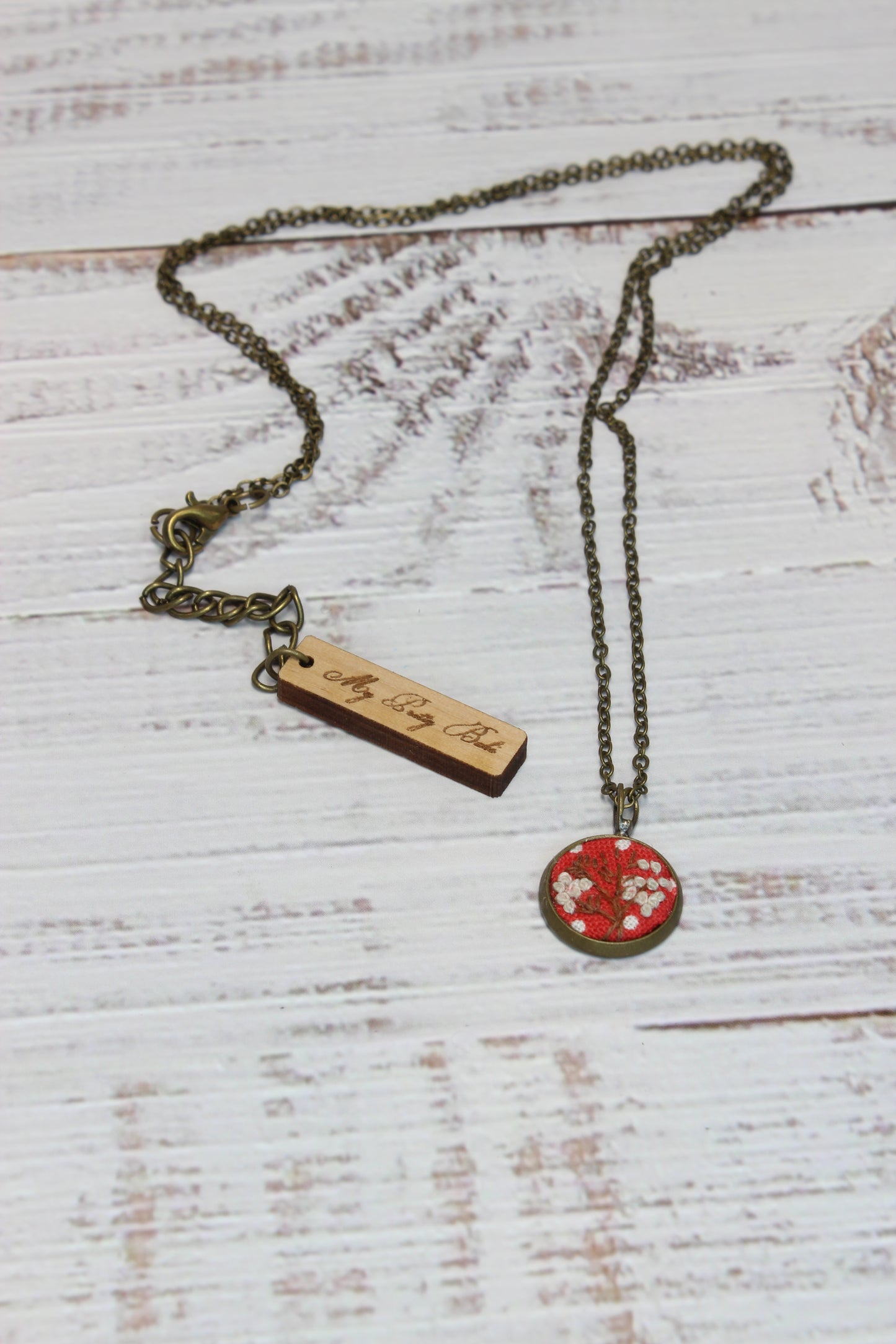 Embroidery White Flower with a brown branch Necklace