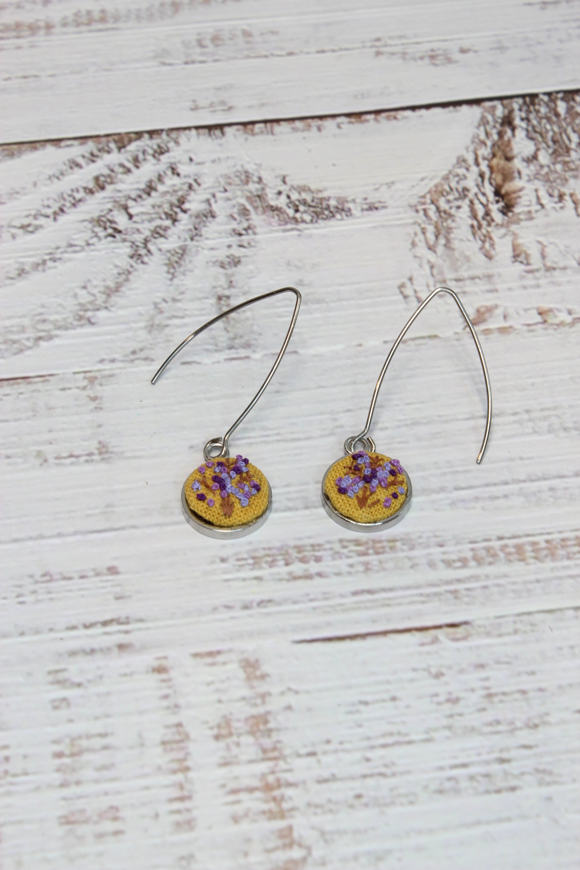 Embroidery Purple Flower Wire Earrings