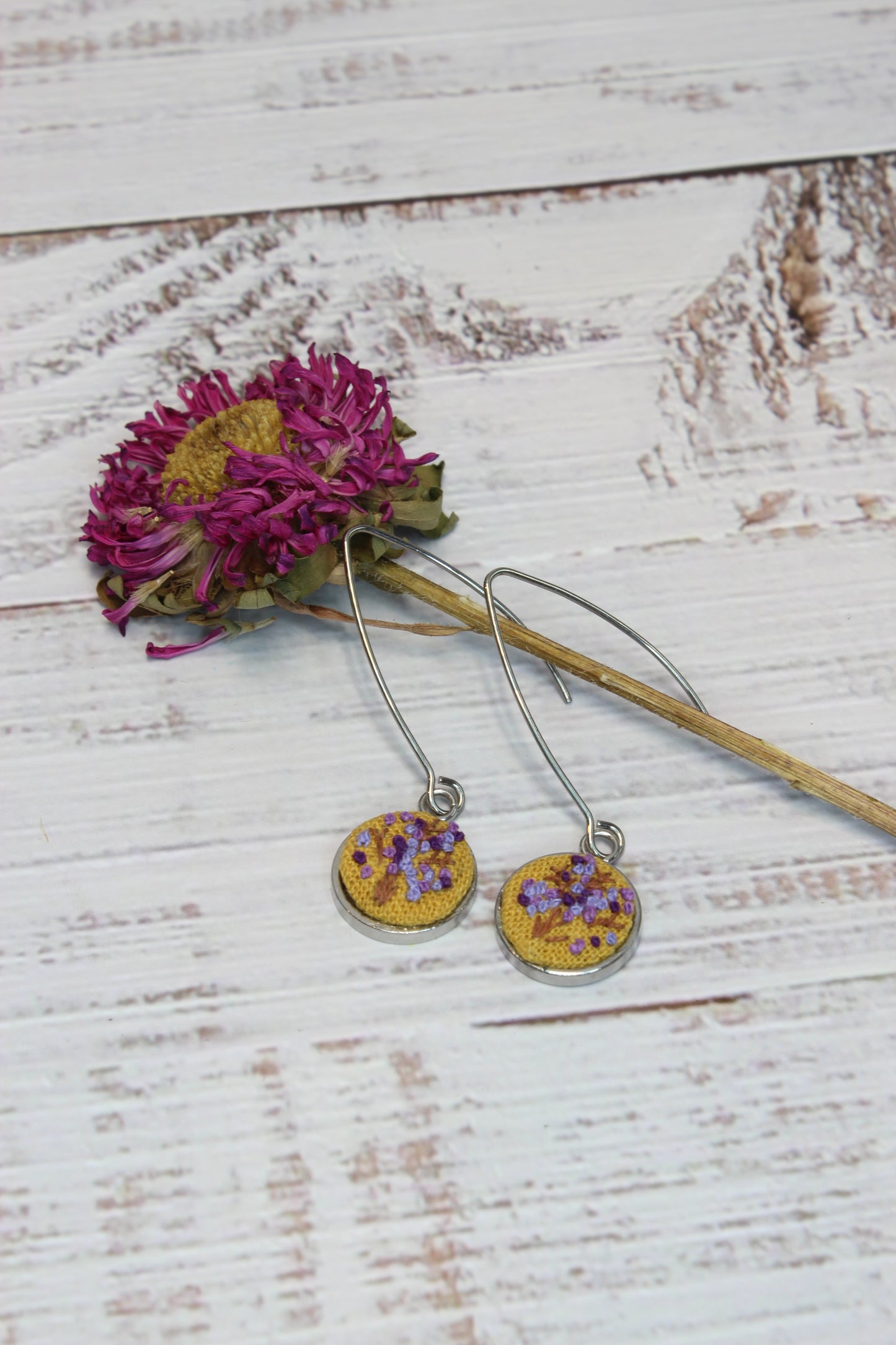 Embroidery Purple Flower Wire Earrings