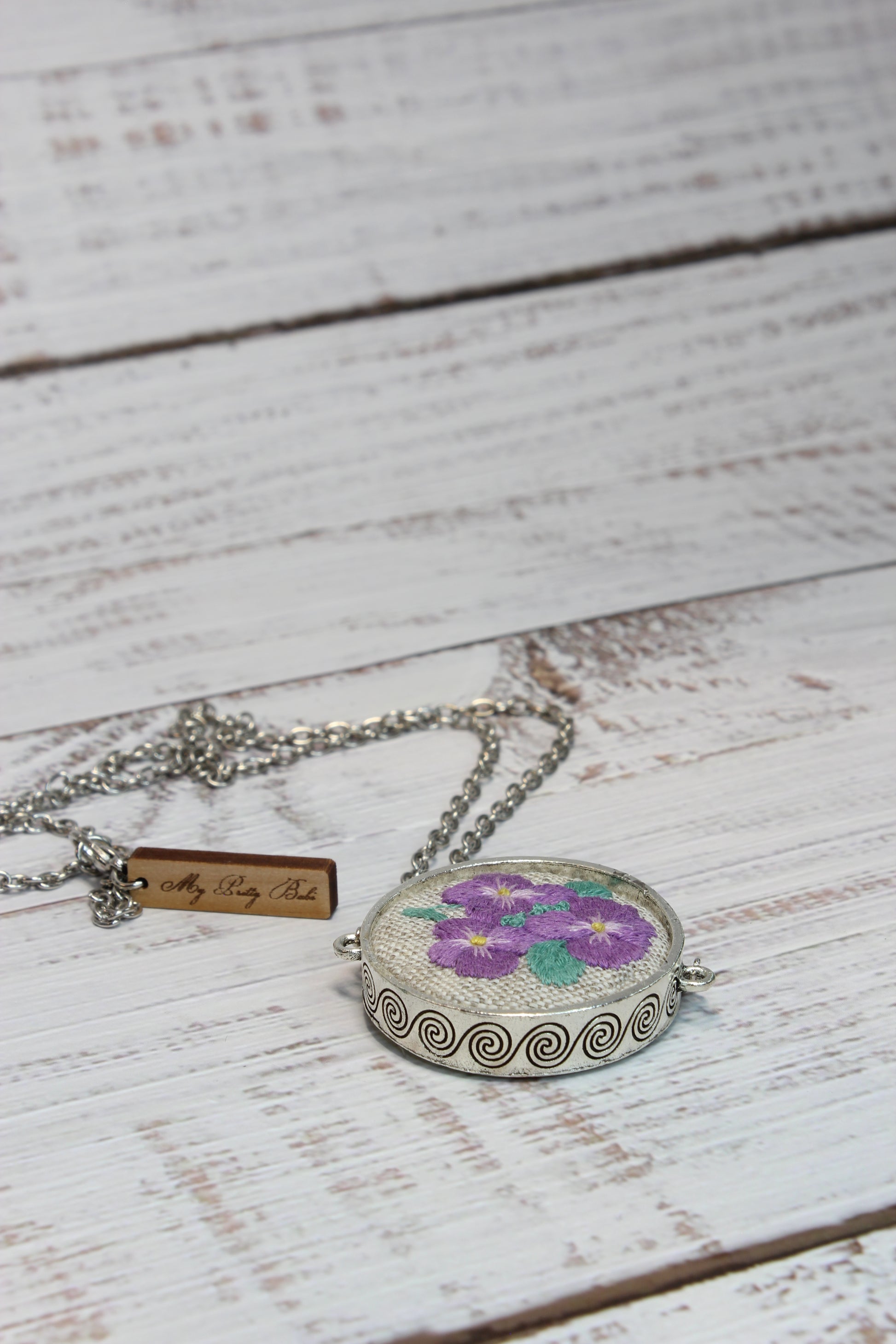 Embroidery Purple Pansies Necklace