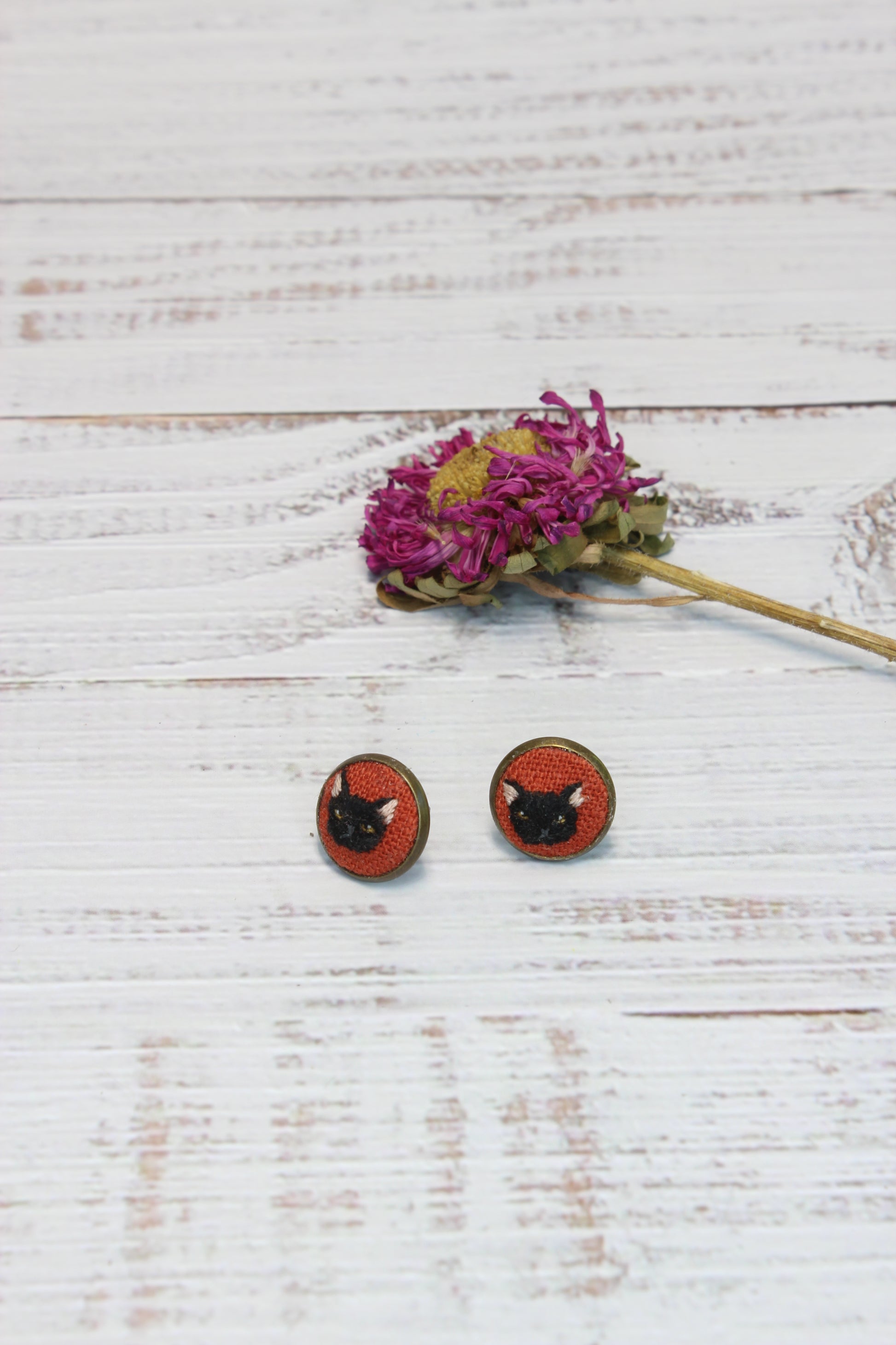 Embroidery Black Cat Studs