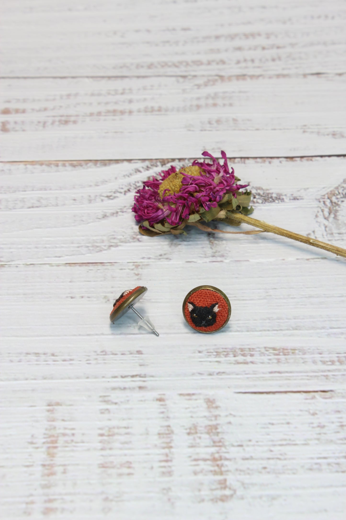 Embroidery Black Cat Studs