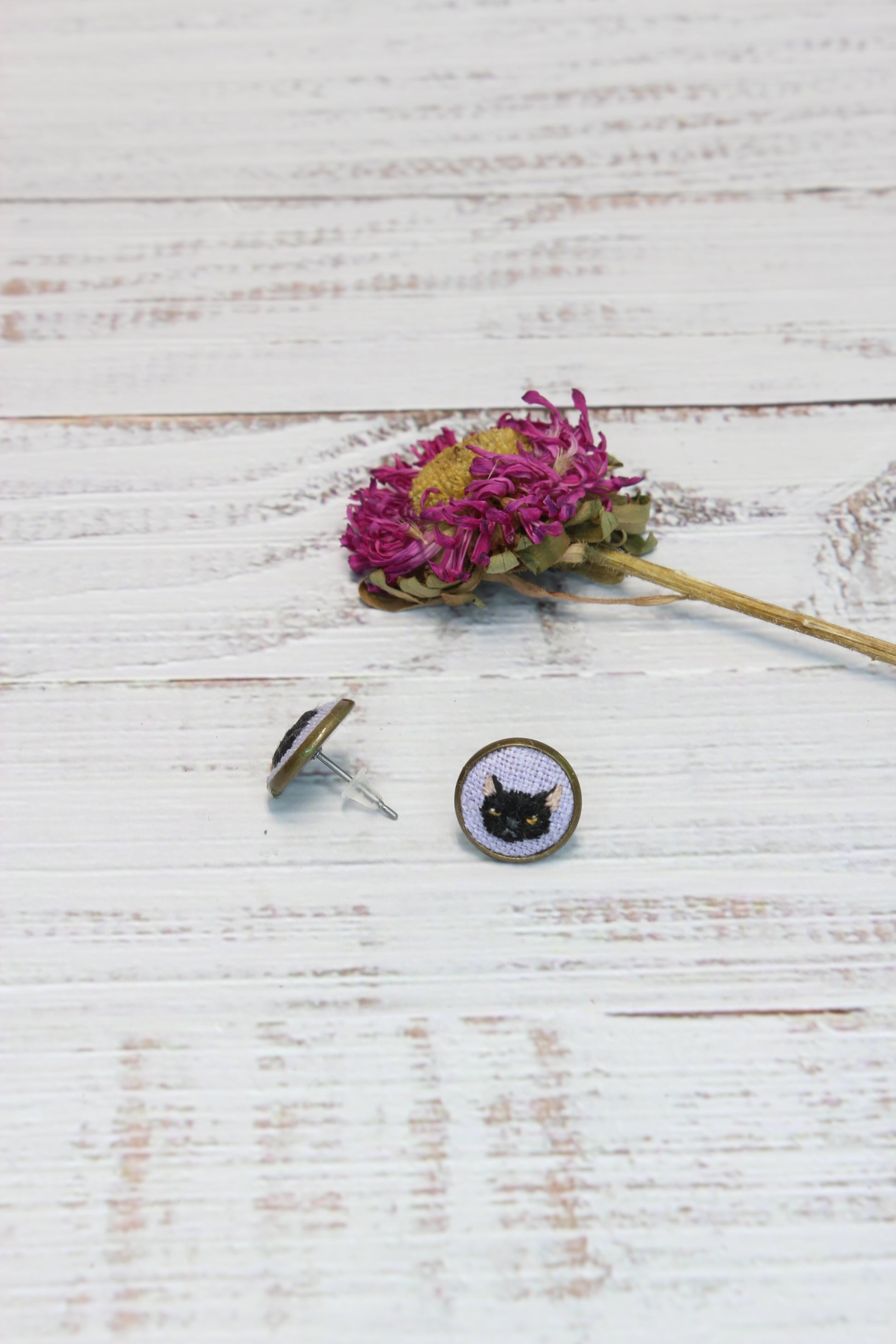 Embroidery Black Cat Earrings