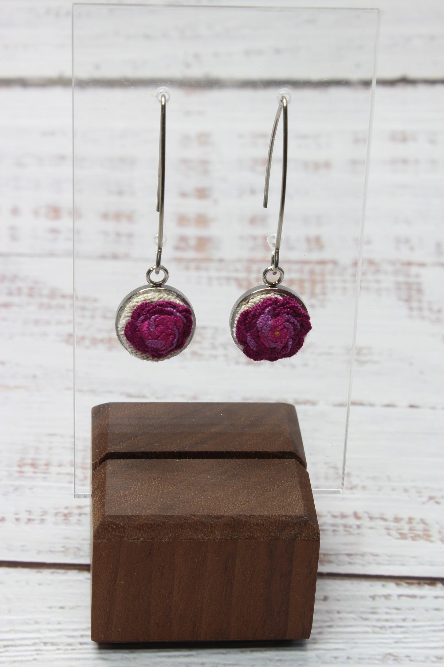Embroidery Pink Rose Wire Earrings