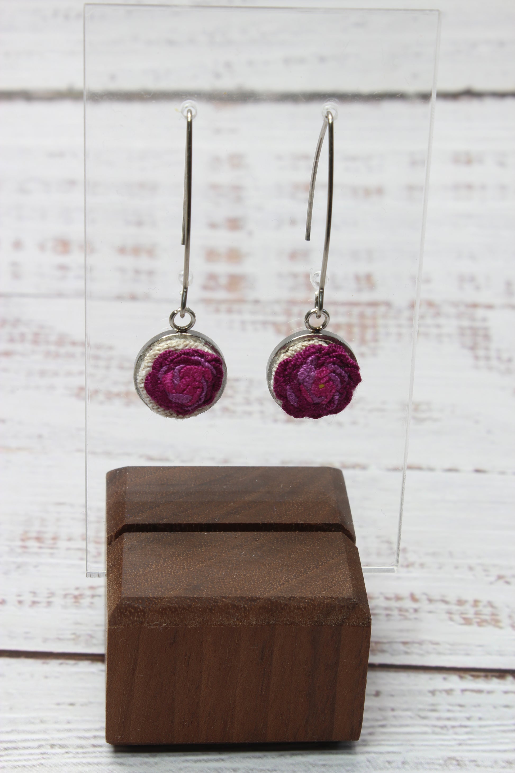 Embroidery Pink Rose Wire Earrings