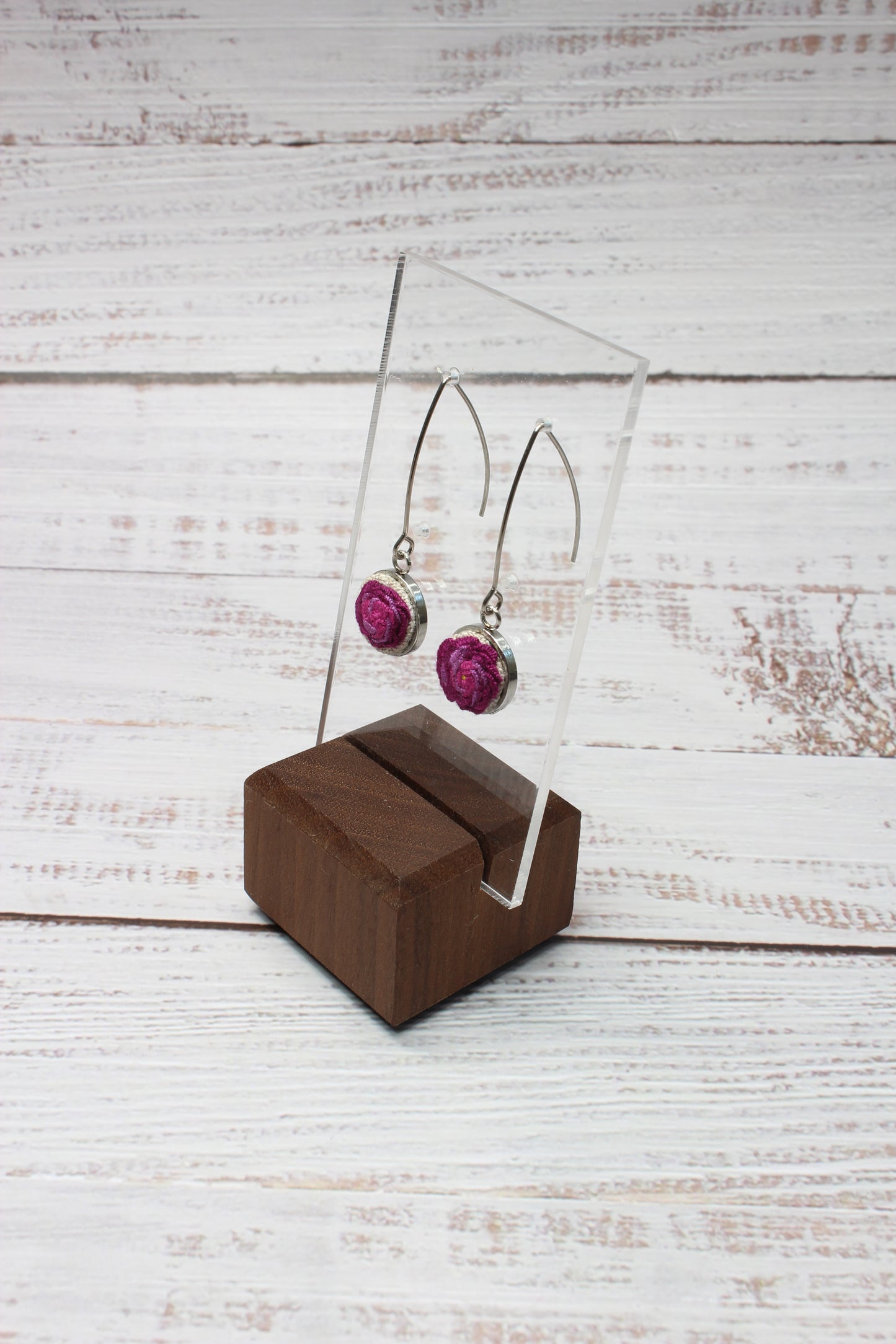 Embroidery Pink Rose Wire Earrings