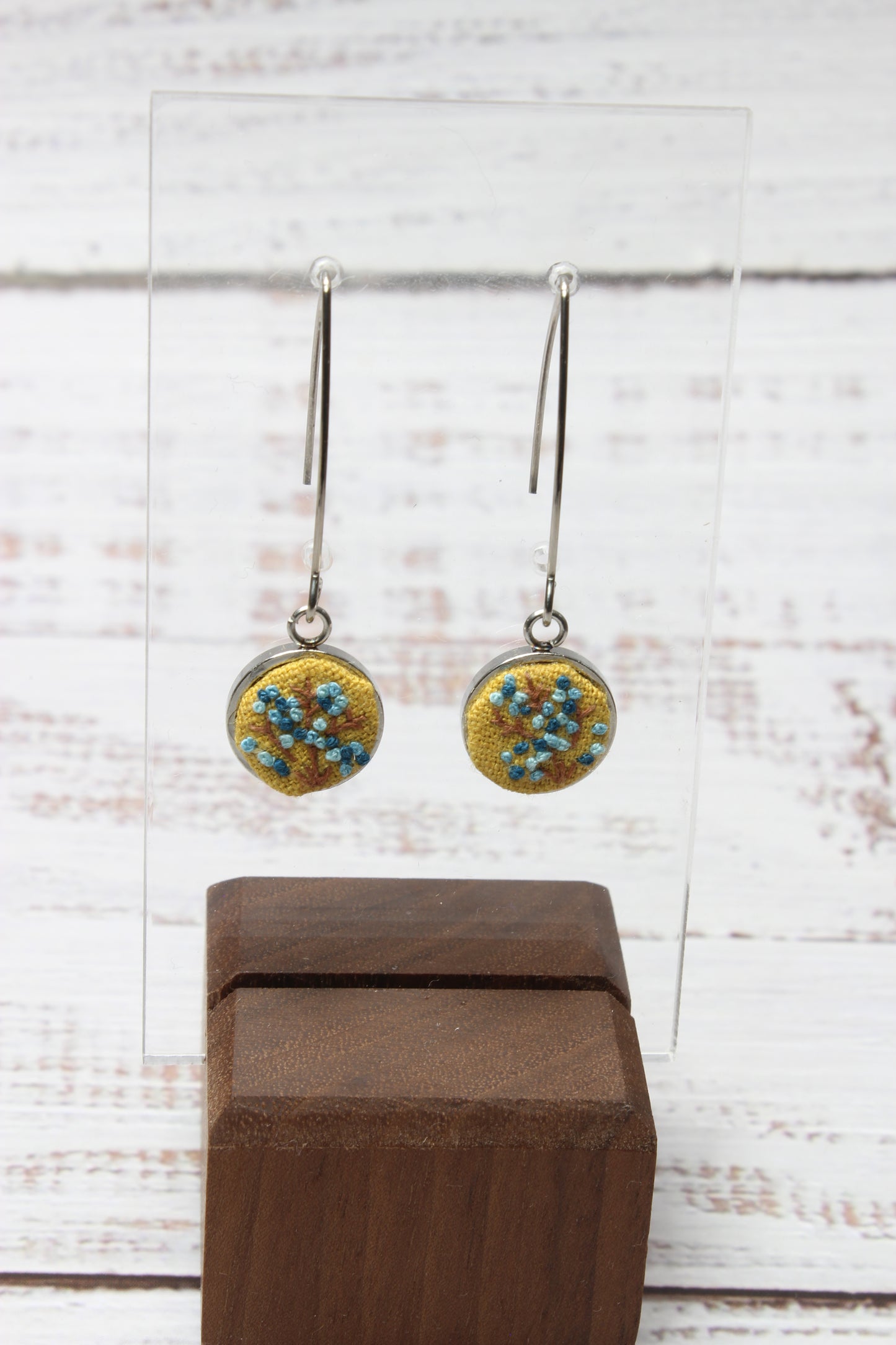 Embroidery Blue Flower Wire Earrings