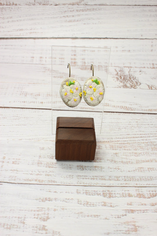 Embroidery White Pansies Wire Earrings
