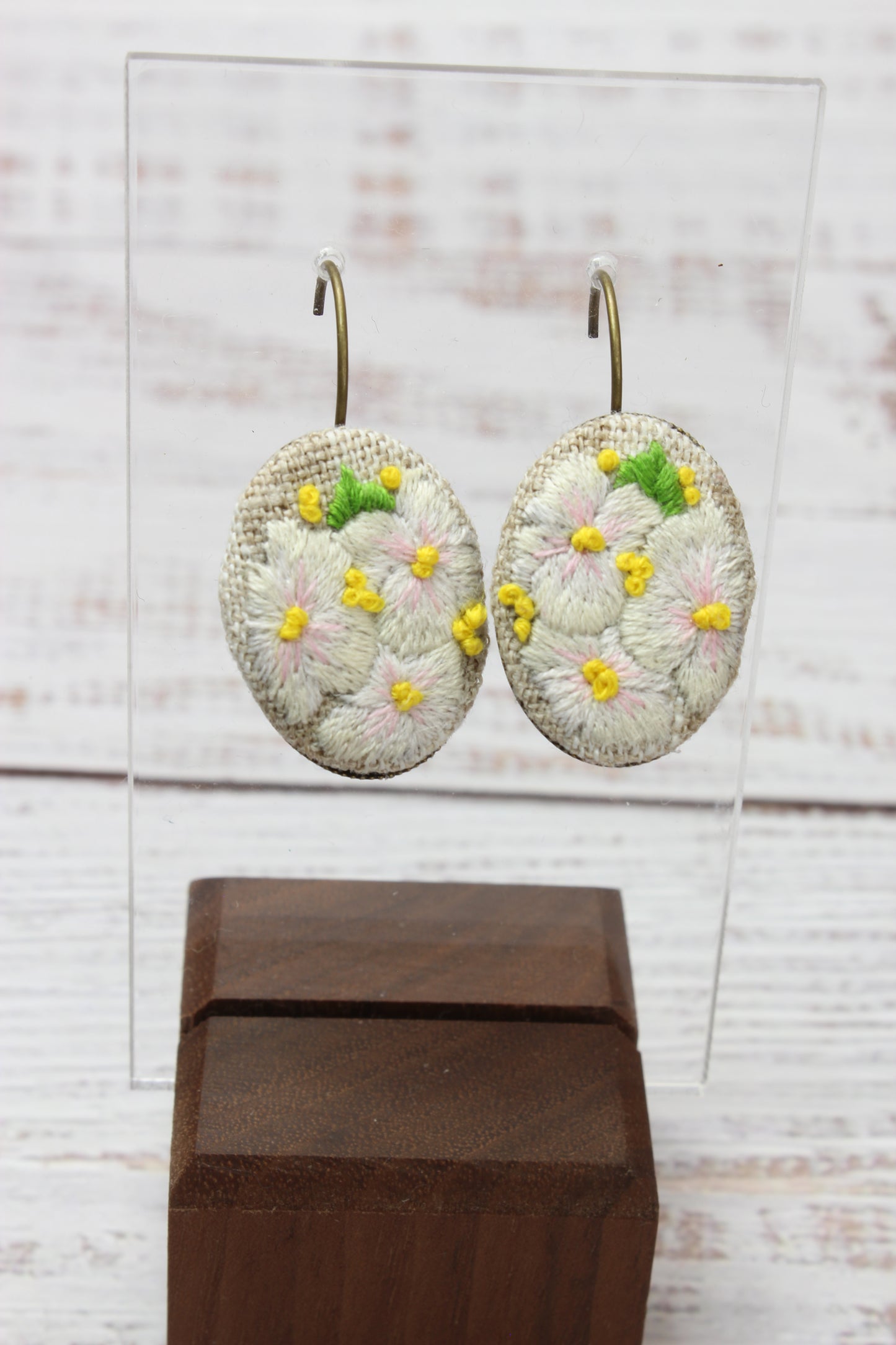 Embroidery White Pansies Wire Earrings