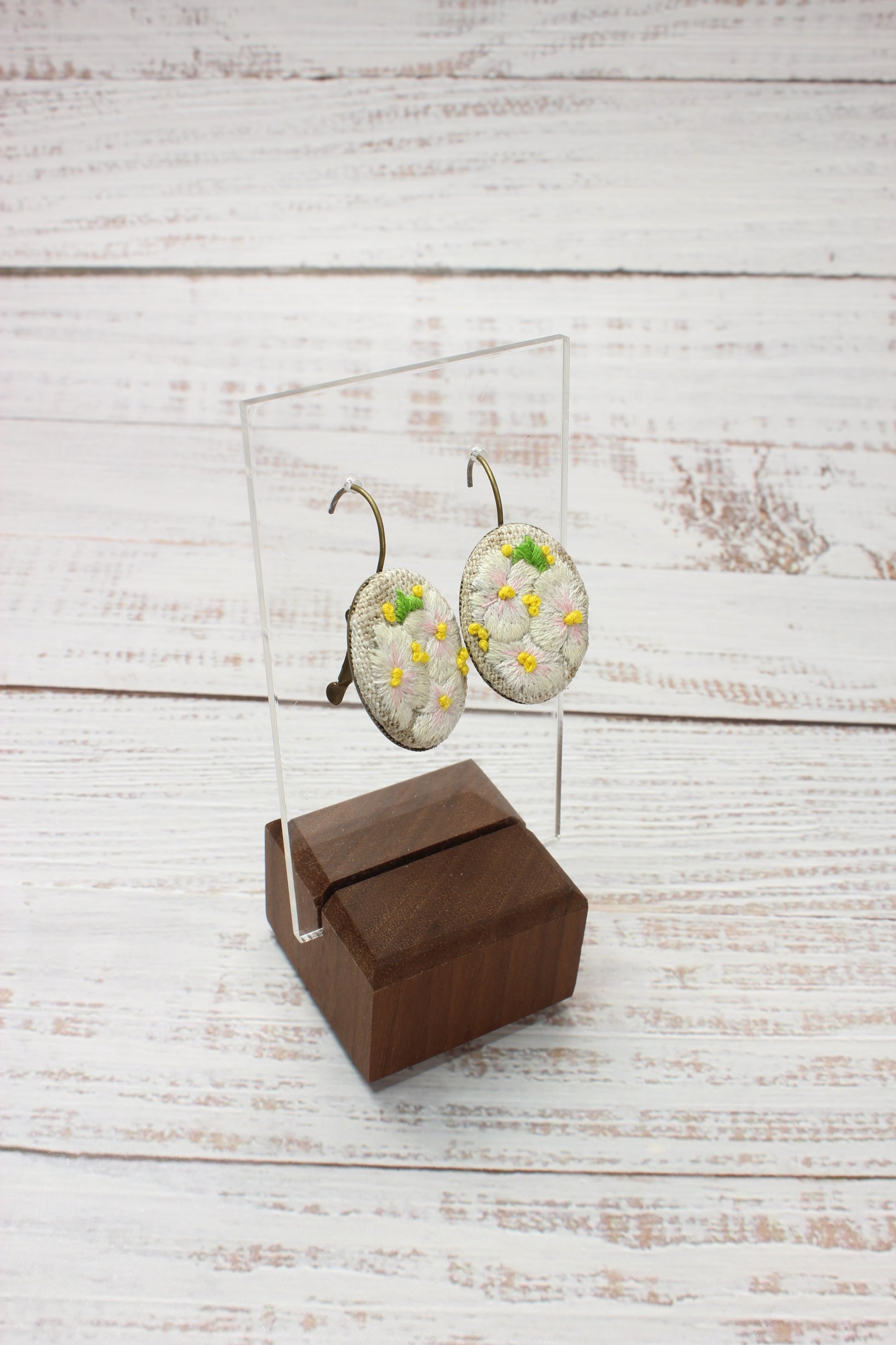 Embroidery White Pansies Wire Earrings