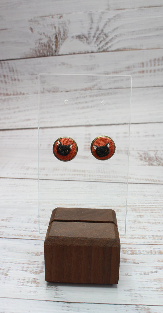 Embroidery Black Cat Studs