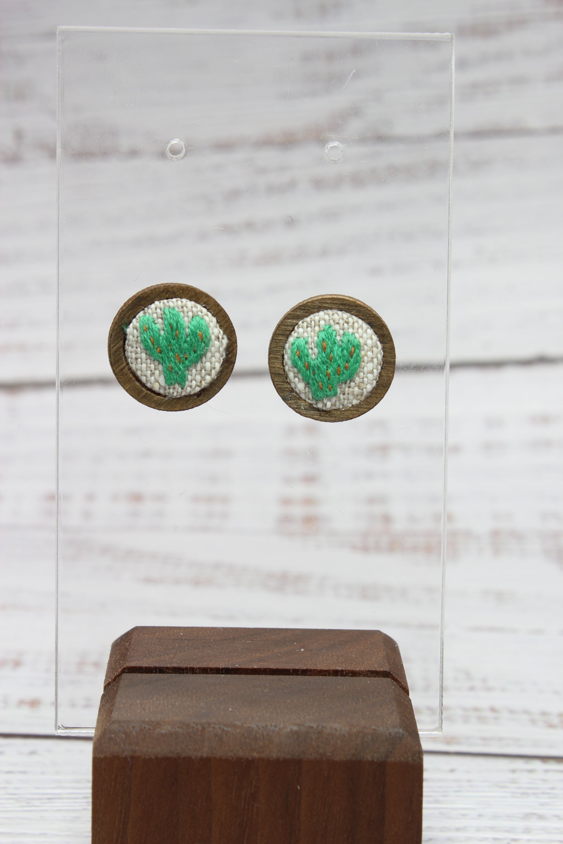 Embroidery Cactus Wood Studs Earrings