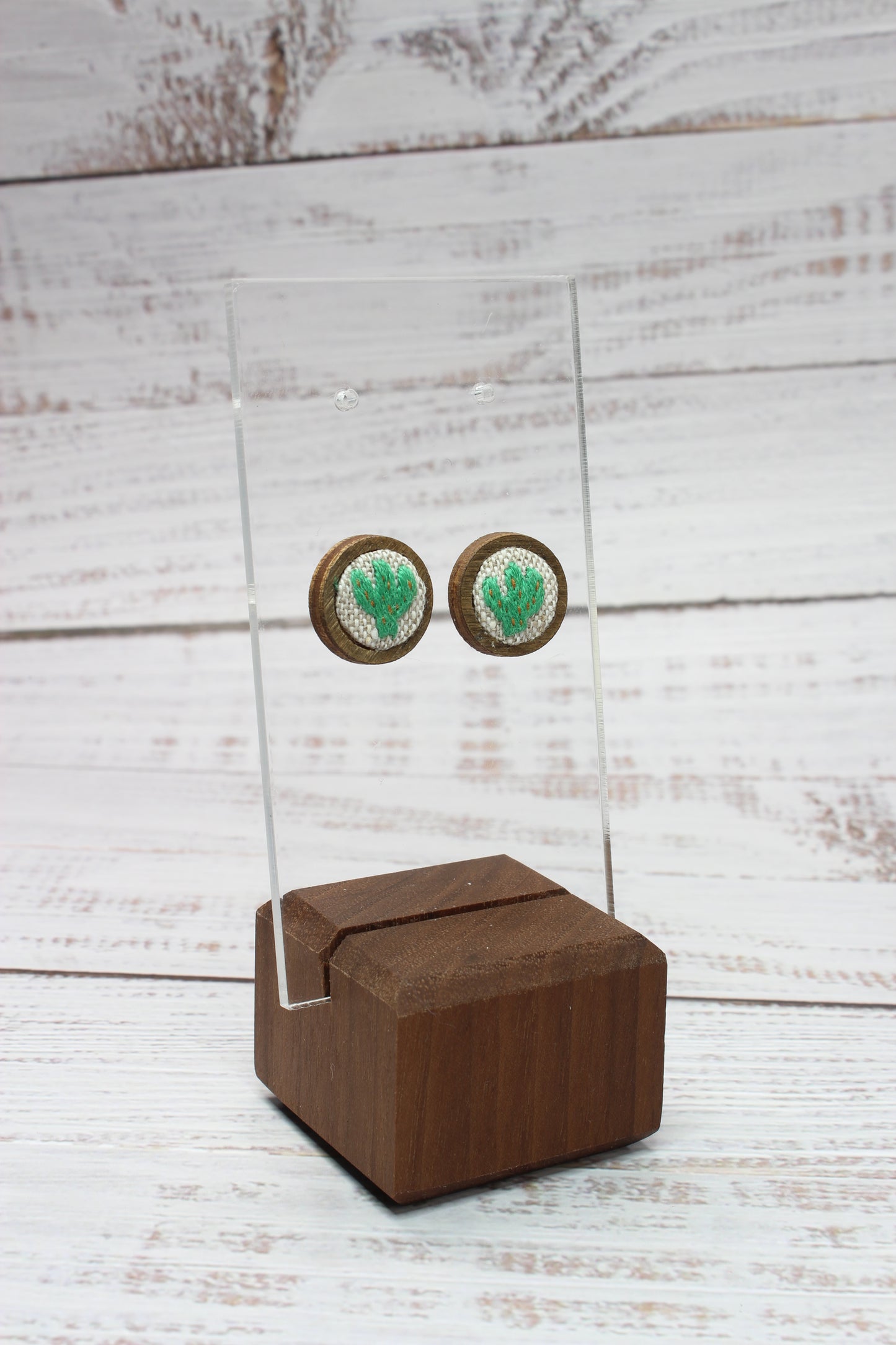 Embroidery Cactus Wood Studs Earrings