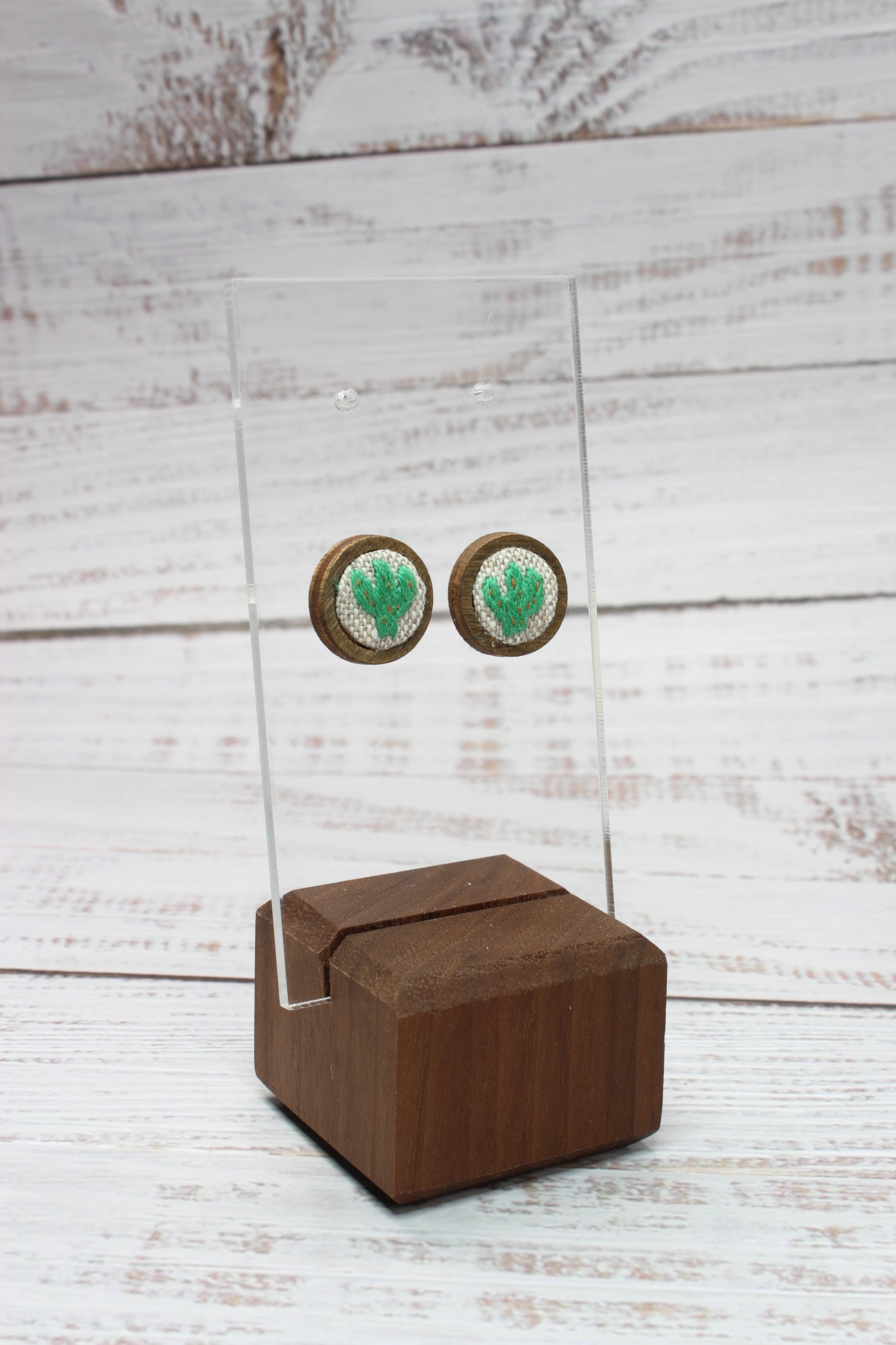 Embroidery Cactus Wood Studs Earrings