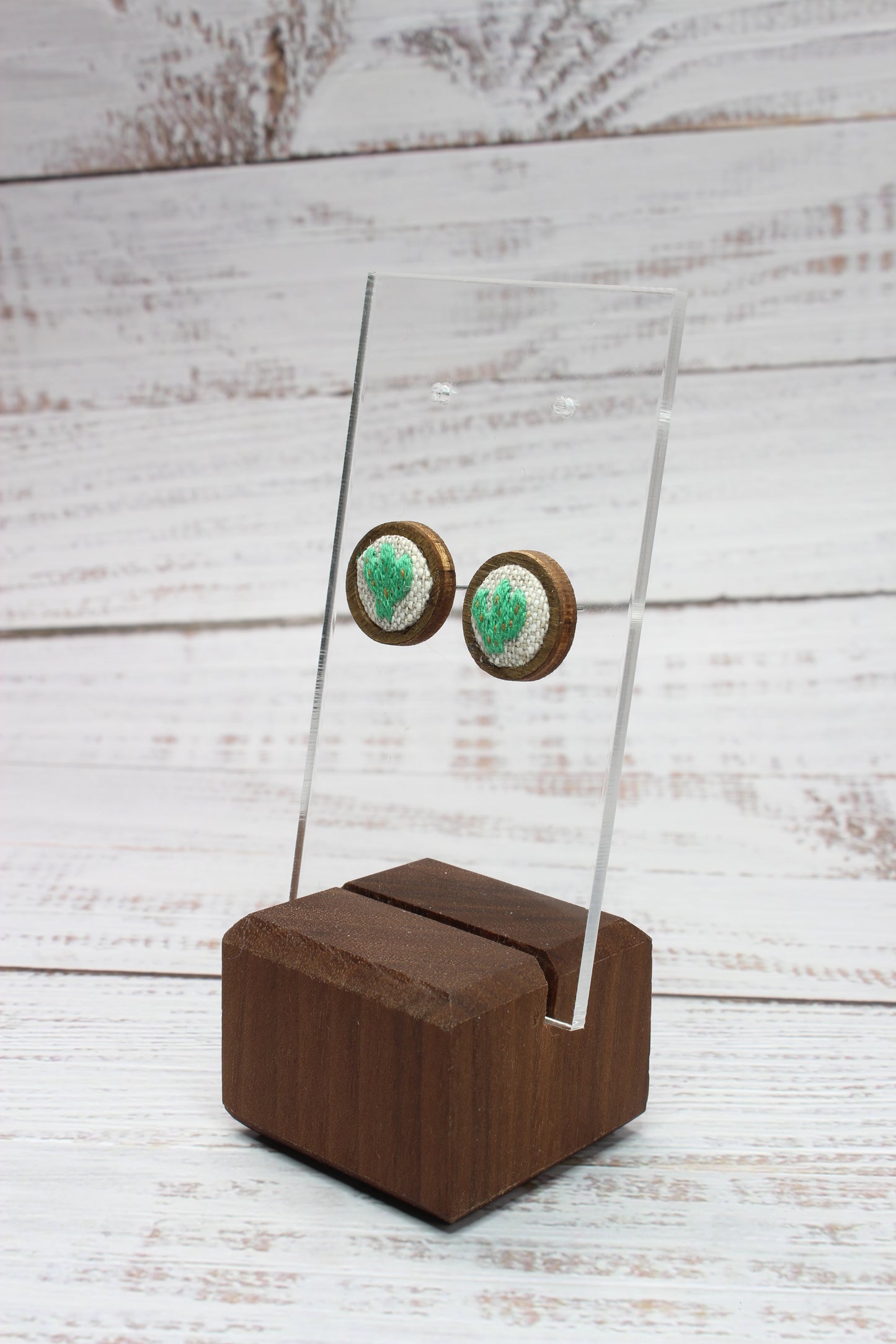 Embroidery Cactus Wood Studs Earrings