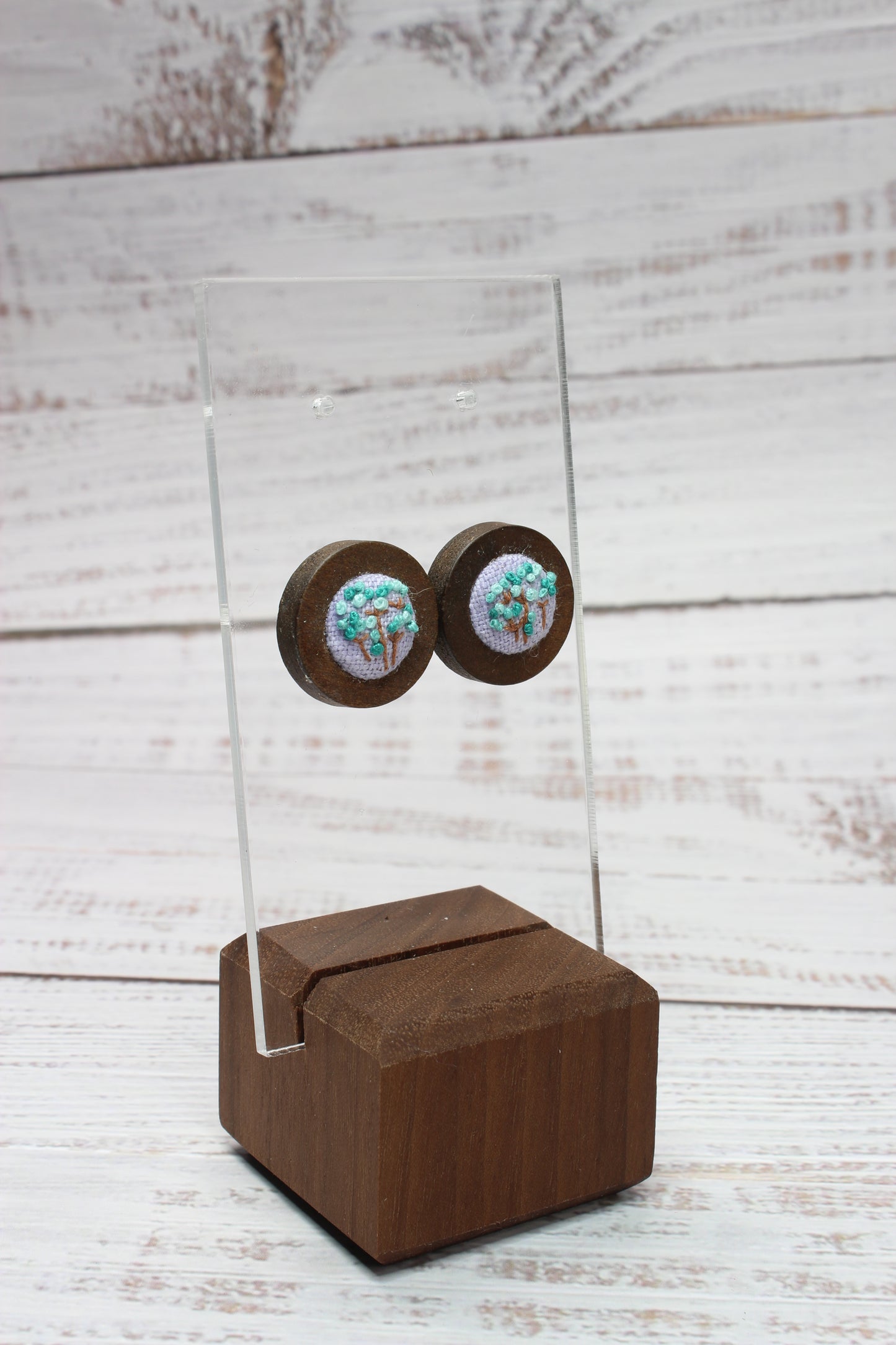 Embroidery Green Flower Studs Earrings