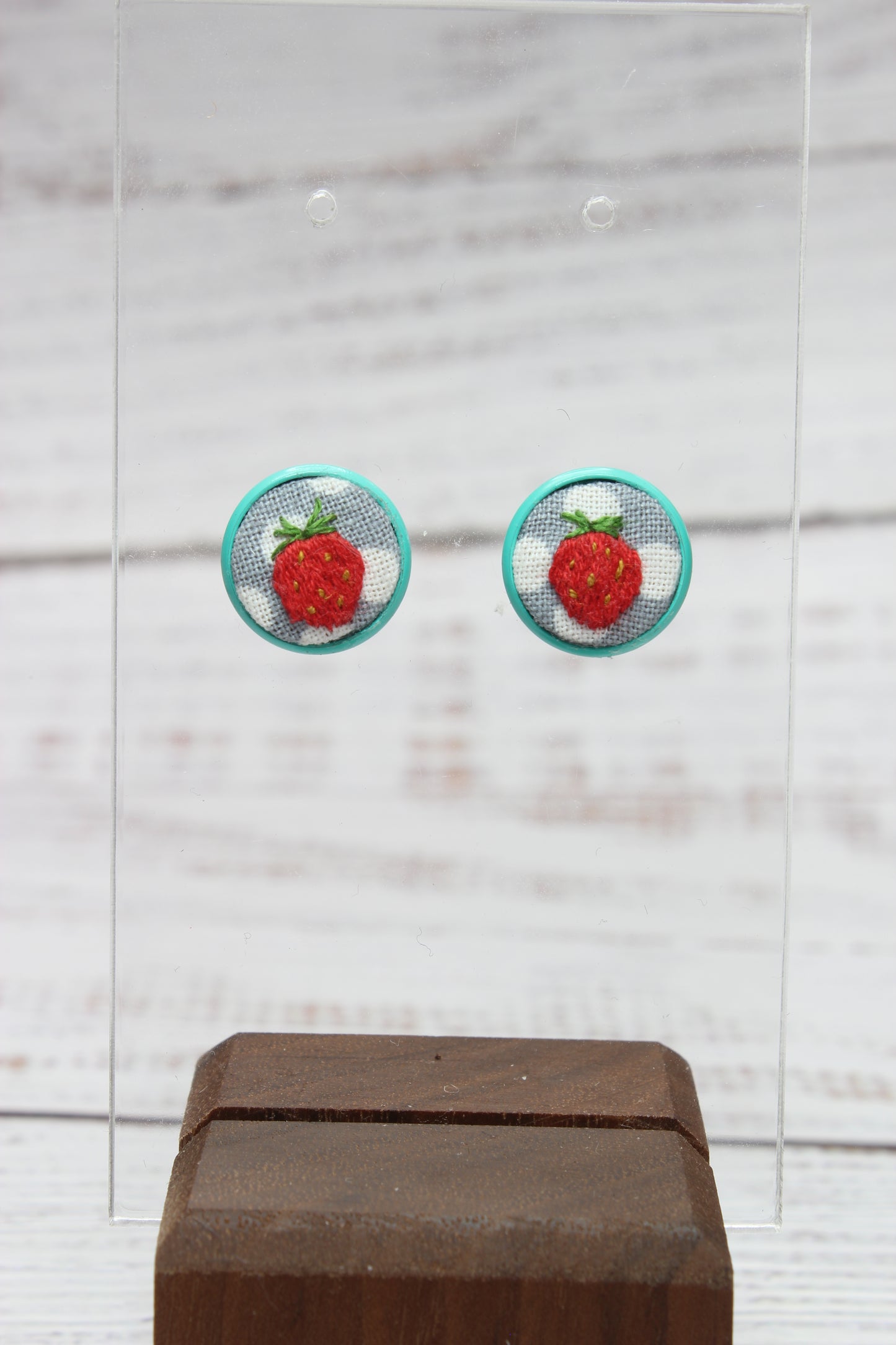 Embroidery Strawberry Blue Studs