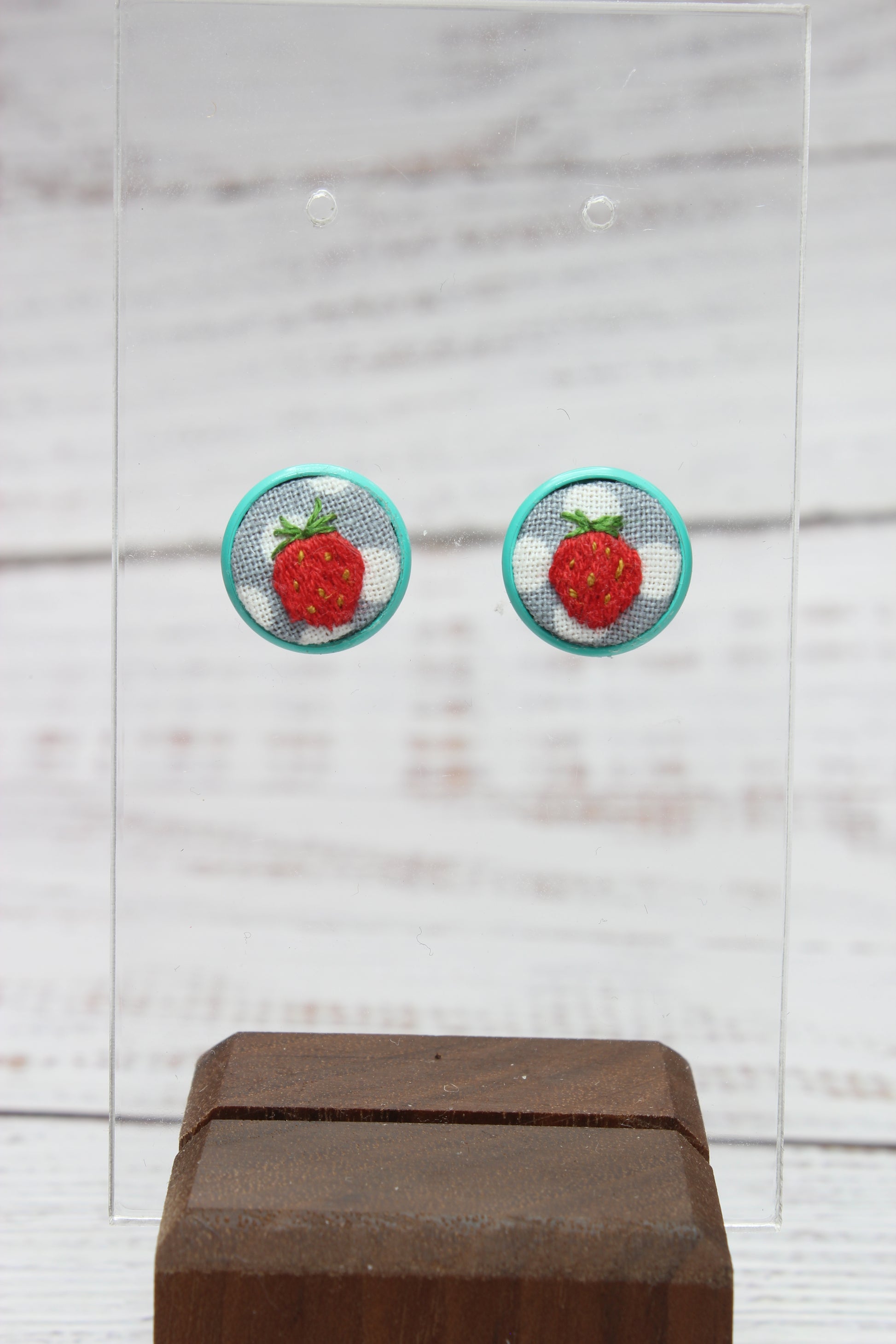 Embroidery Strawberry Blue Studs