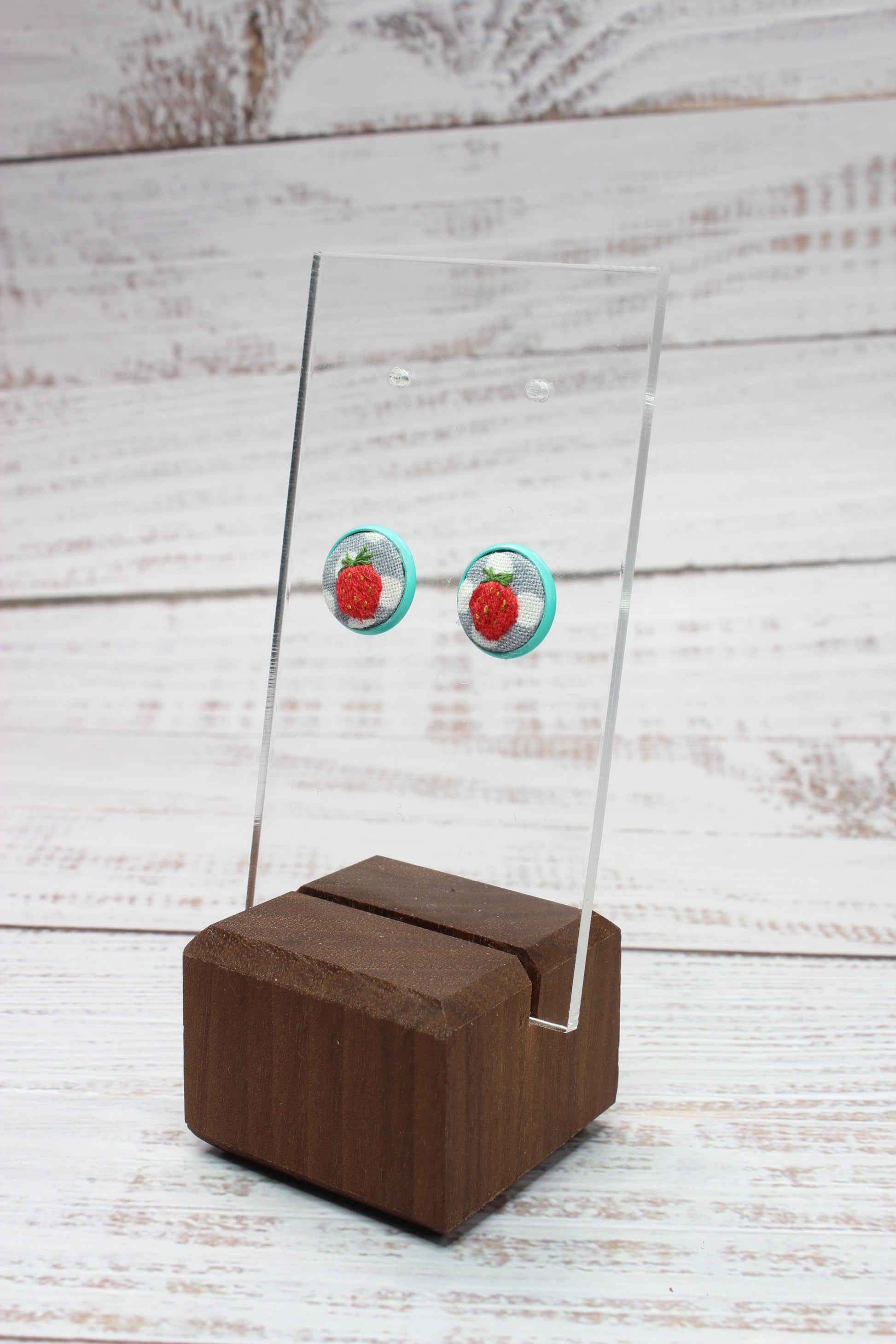 Embroidery Strawberry Blue Studs