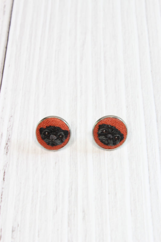 Black Pug Embroidery Earrings