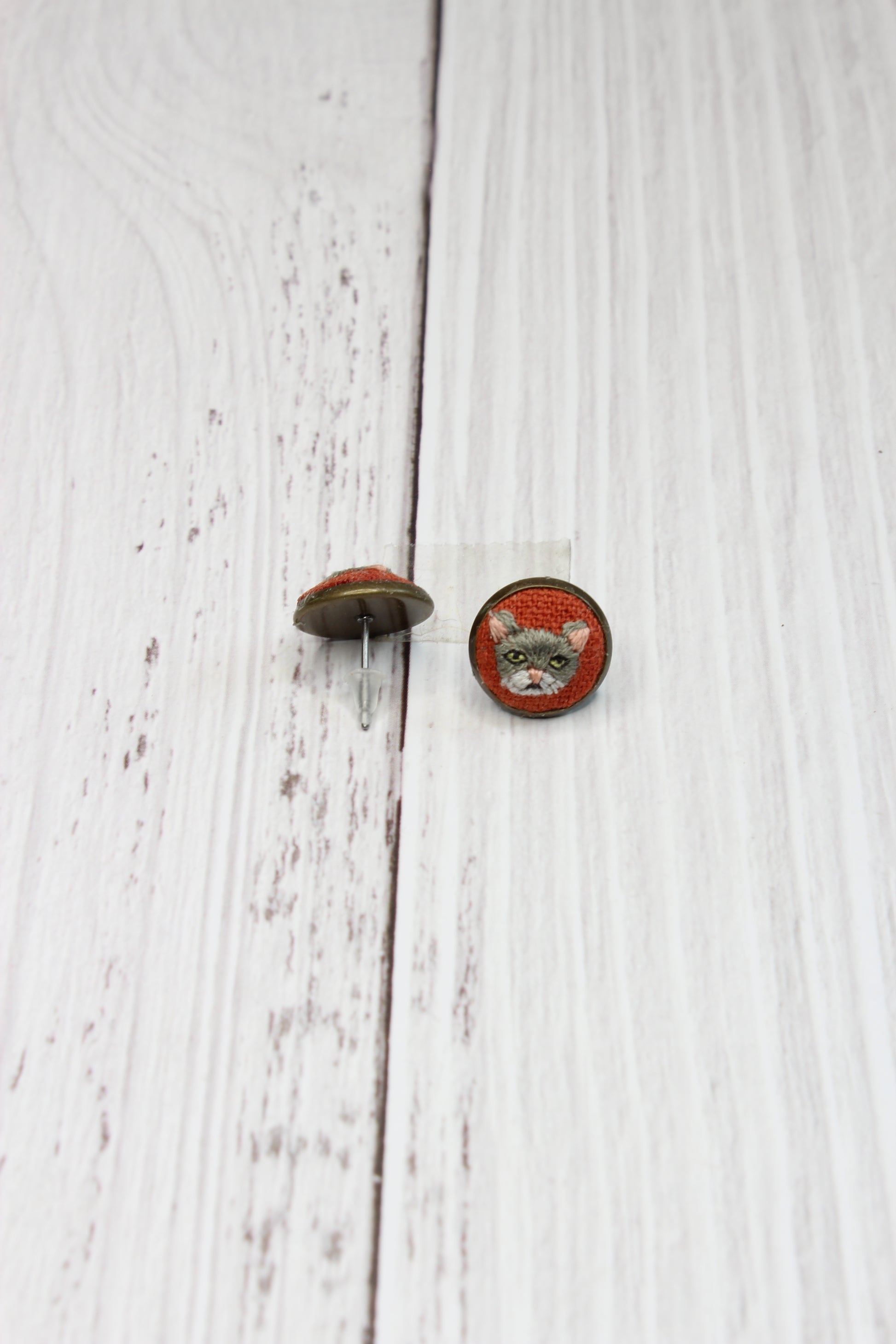 Embroidery Gray & White Studs Earrings
