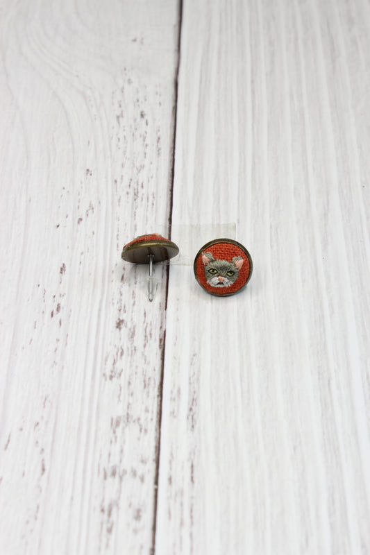 Embroidery Gray & White Studs Earrings