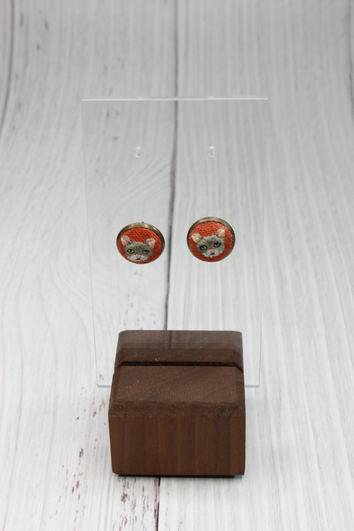 Embroidery Gray & White Studs Earrings