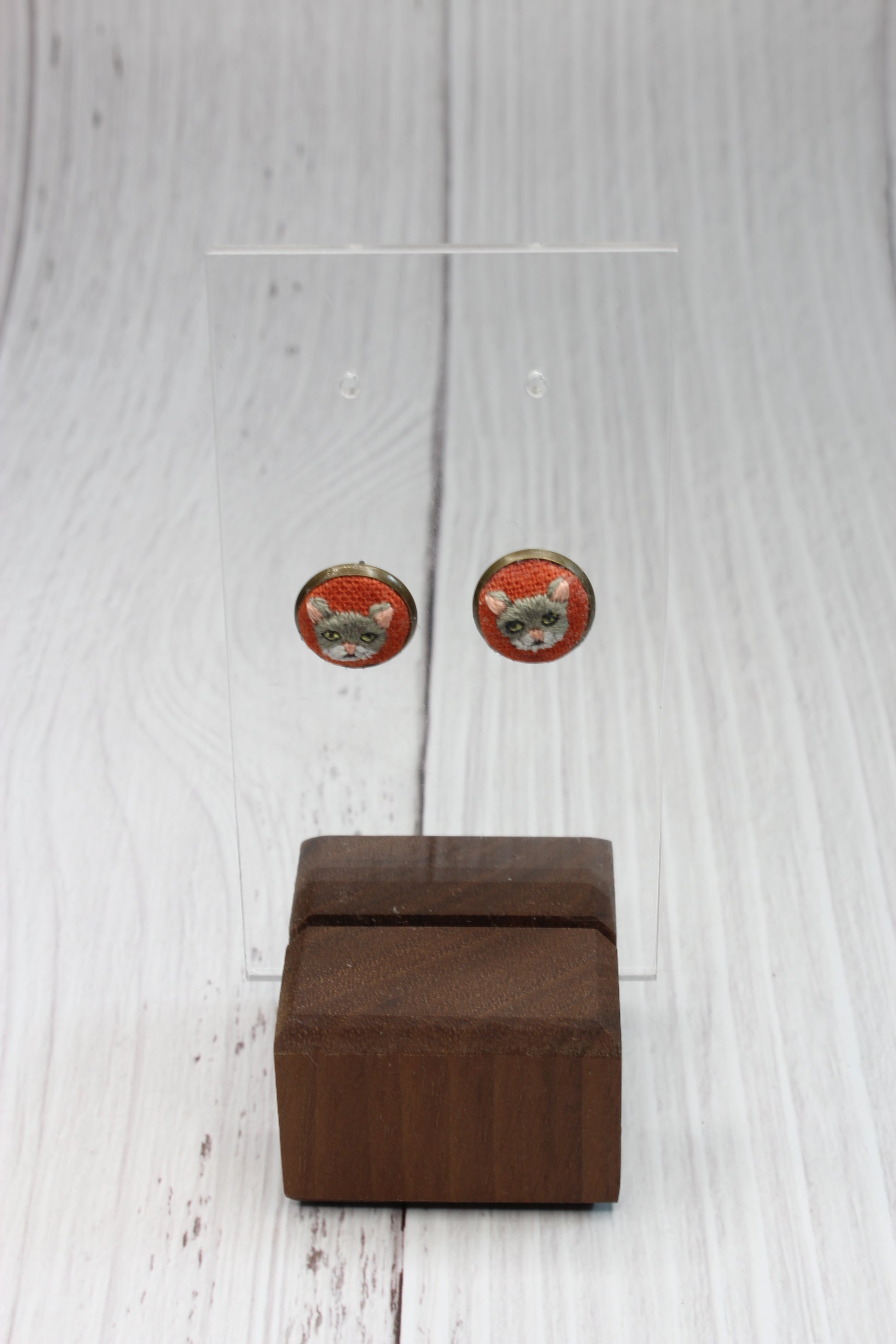 Embroidery Gray & White Studs Earrings
