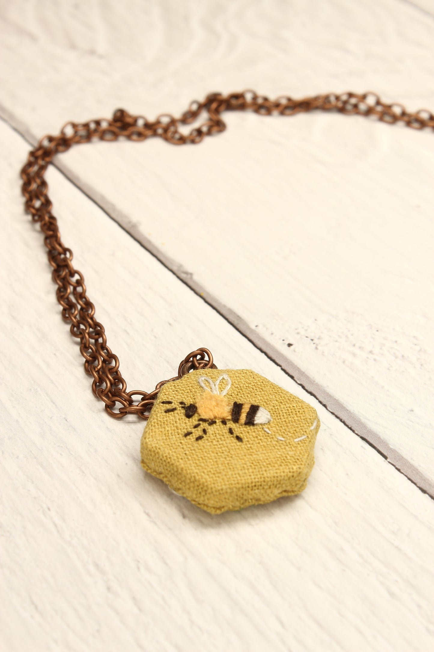 Hexagon Embroidery Necklace - Bee & Flower