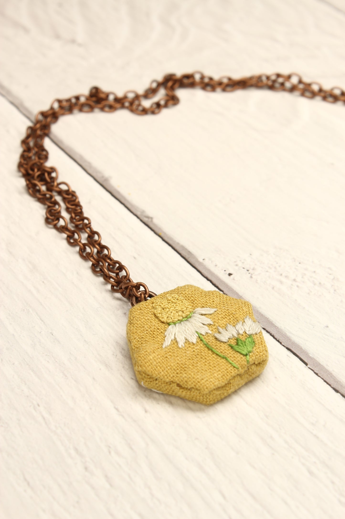 Hexagon Embroidery Necklace - Bee & Flower