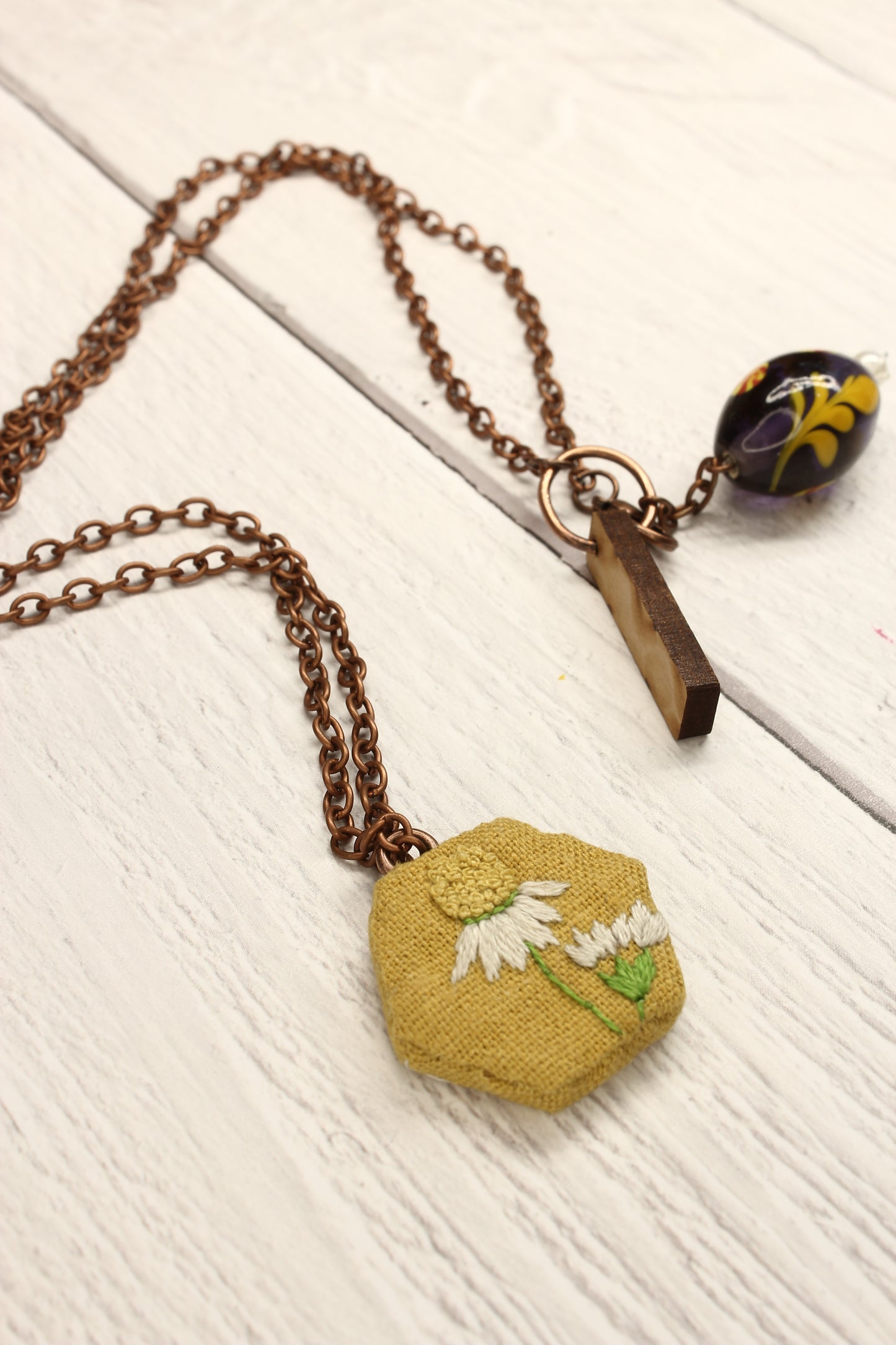 Hexagon Embroidery Necklace - Bee & Flower