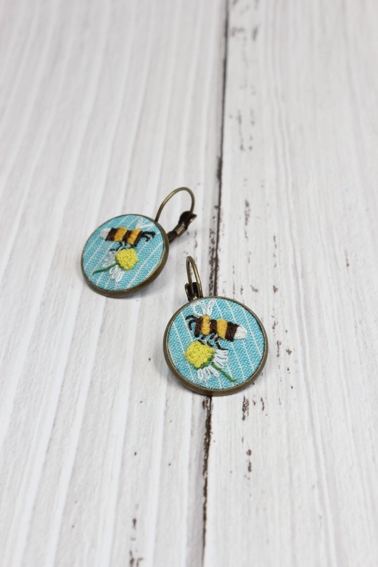 Embroidery Bee Wire Earrings
