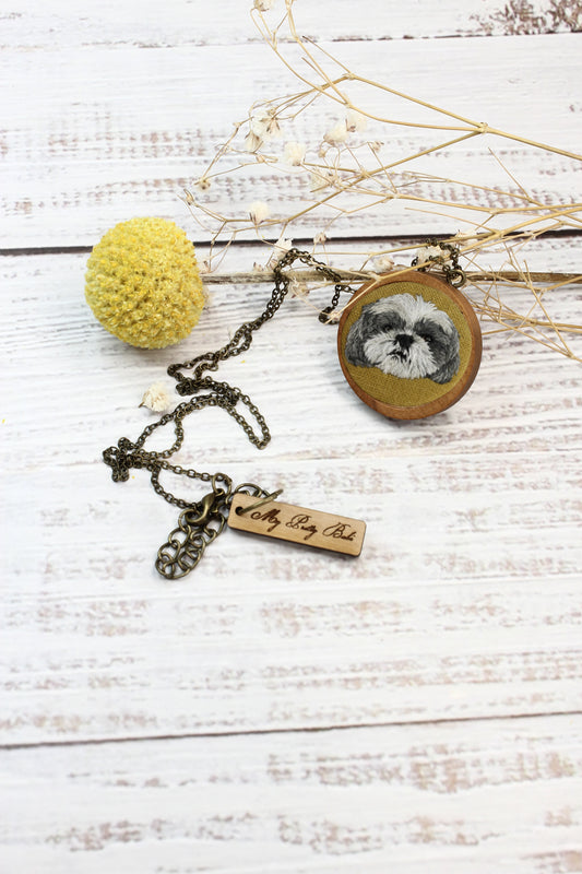 Embroidery Custom Pet Portrait | 1" Wood Necklace/Brooch