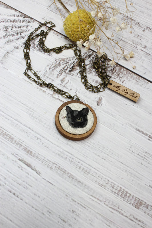 Embroidery Black & Gray Cat Necklace #1