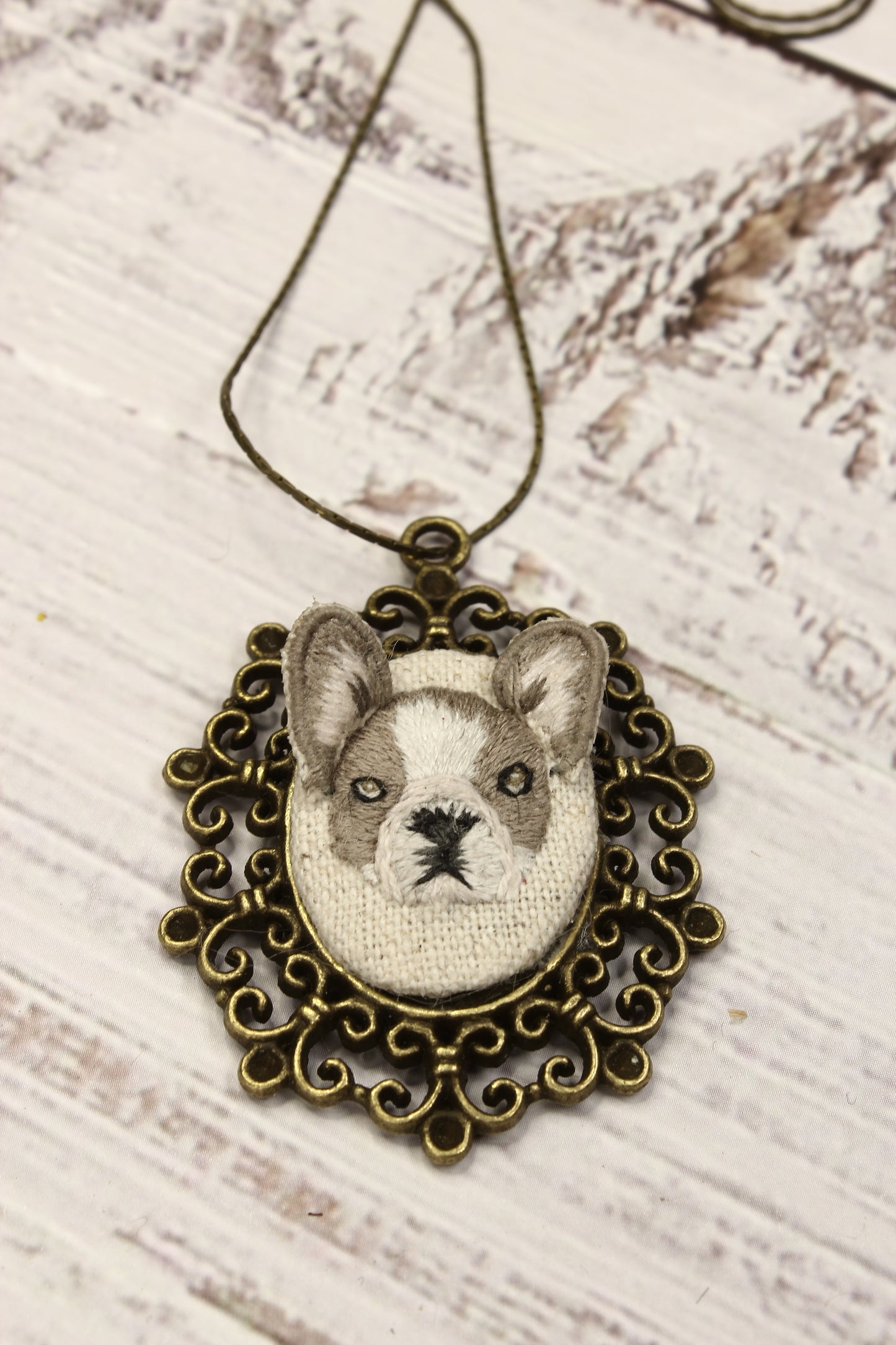 Embroidery Stumpwork French Bulldog Necklace