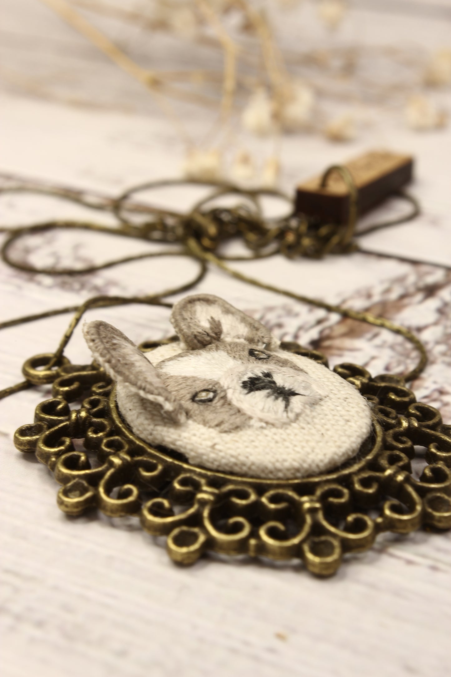 Embroidery Stumpwork French Bulldog Necklace