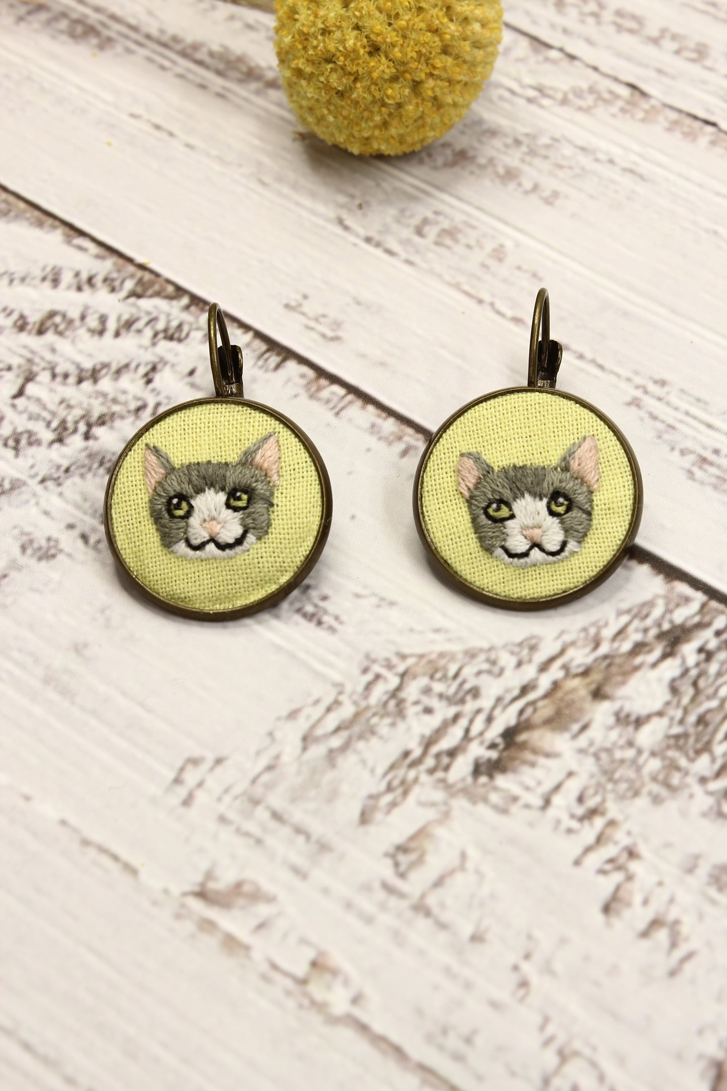 Embroidery Black & Gray Cat Earrings #28