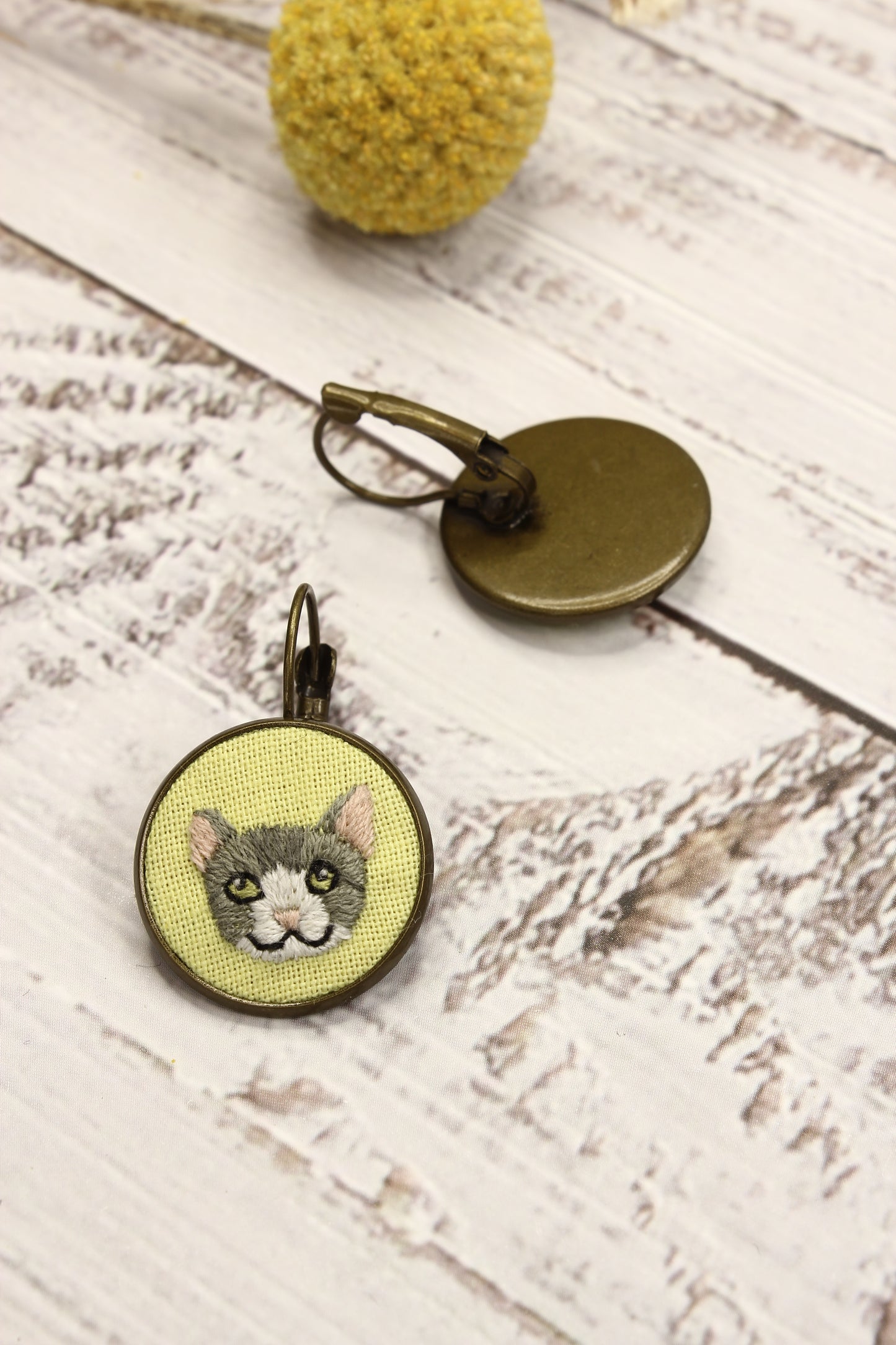 Embroidery Black & Gray Cat Earrings #28