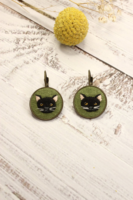 Embroidery Black Cat Earrings #22D