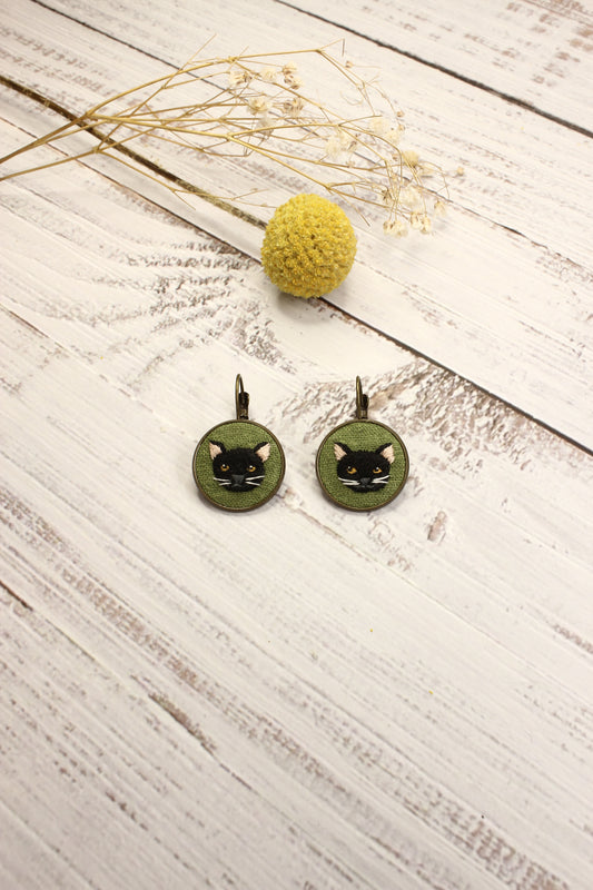 Embroidery Black Cat Earrings #22C