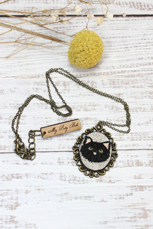 Embroidery Black Cat Necklace