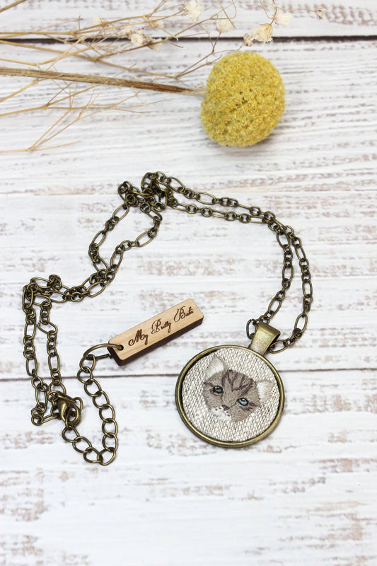 Embroidery Tabby Cat Necklace #3