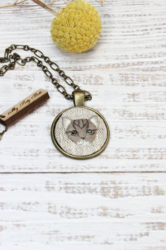 Embroidery Tabby Cat Necklace #3